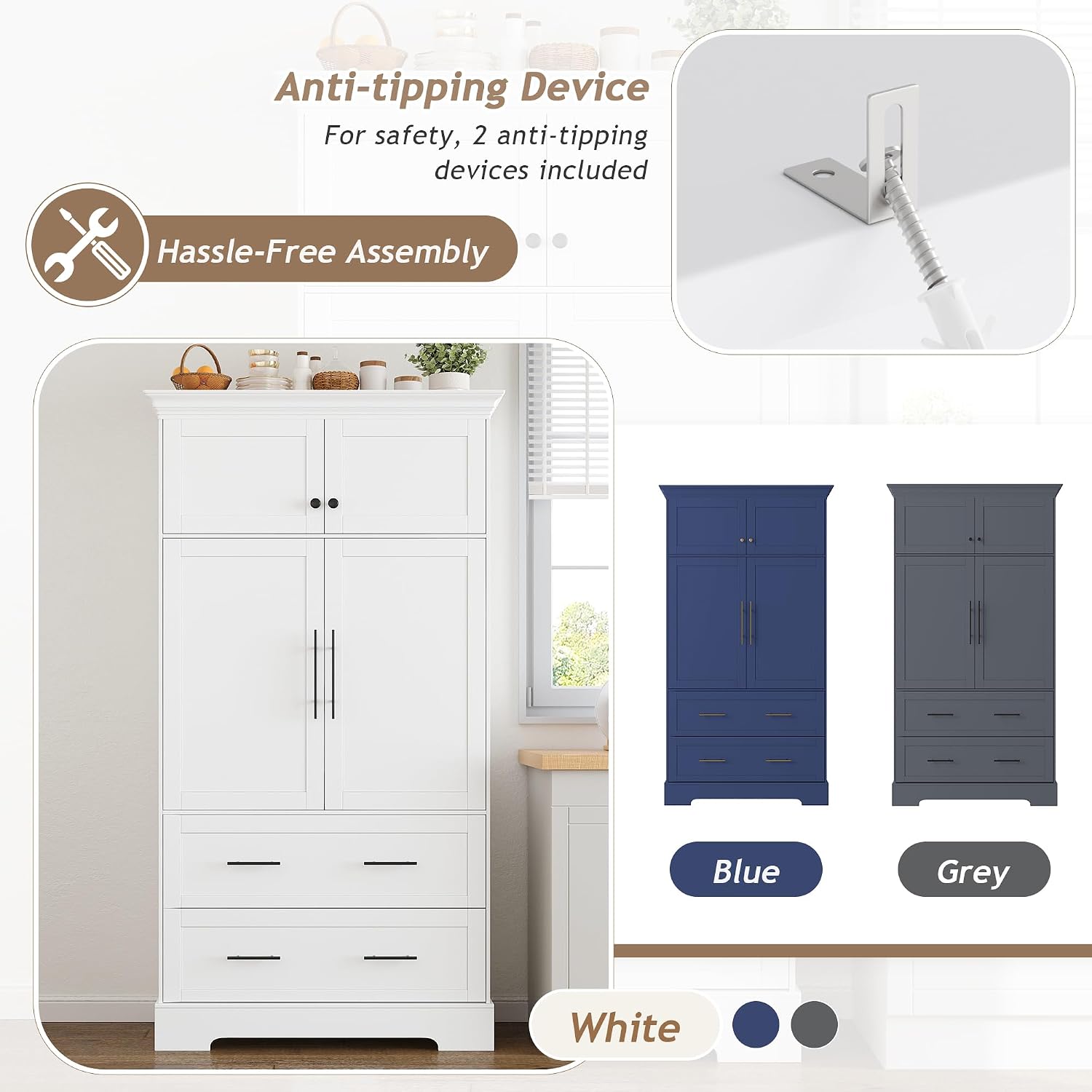 Freestanding Kitchen Pantry Storage Cabinet, 72.6''H Tall Wooden Kitchen Organizers with 2 Doors, Pull-Out Trays, 2 Drawers and Cake Pan Storage for Dining Room Living Room (White-1.12)