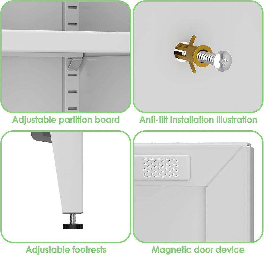 Metal Storage Cabinet with 2 Doors and 4 Adjustable Shelves, Metal Pantry Cabinet for Kitchen Living Room, Required Assembly, White,13.78' D x 27.56' W x 63.58' H