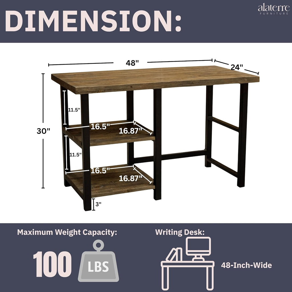 Alaterre Furniture Pomona 48-Inch Industrial Study Desk with Solid Pine Wood Top, 2 Open Shelves, and Metal Frame – Writing Desk with Floor Levelers for Home Office, Bedroom, or Dorm (Natural Finish)