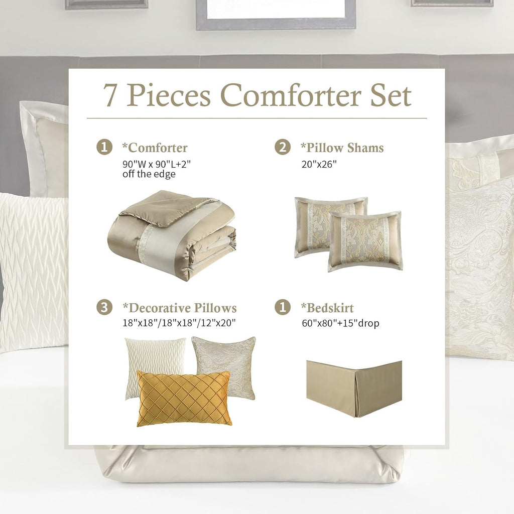 Finlonte Queen Size Comforter Set, Champagne Beige, 7 Piece Bed in a Bag for All Seasons, Luxury Vintage Floral Jacquard Damask Patchwork, Soft Bedding Sets with Bedskirt, Shams and Decor Pillows