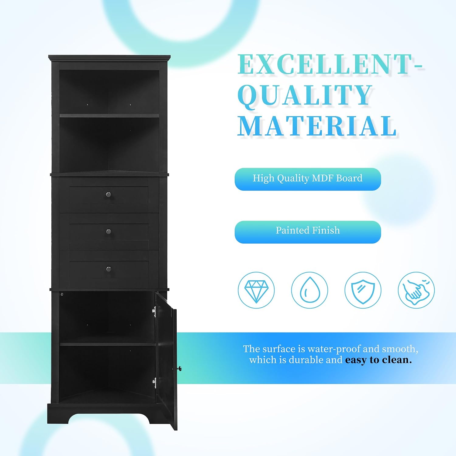 Bellemave Triangle Corner Cabinet, Tall Storage with 3 Drawers & Adjustable Shelves, for Bathroom Kitchen Living Room,MDF Board with Black Painted Finish,68.90' H