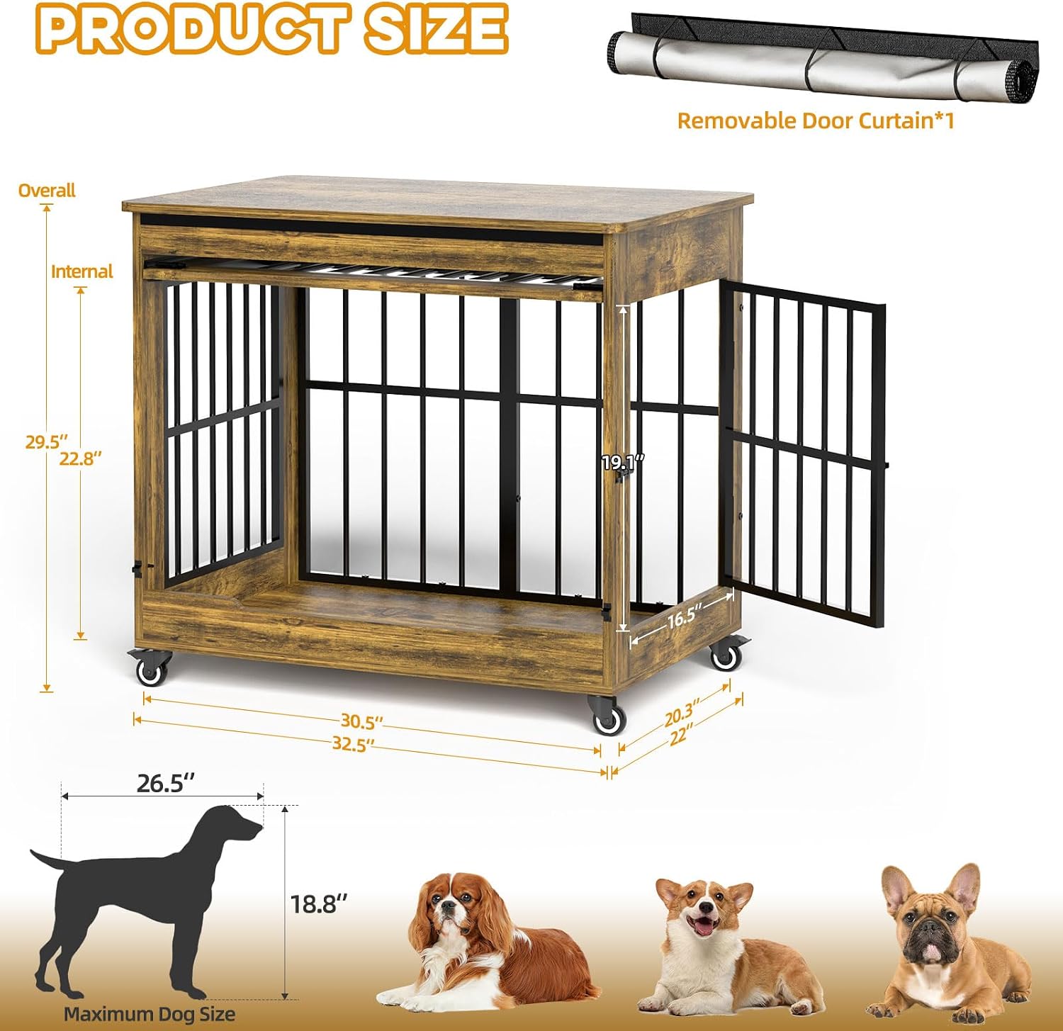 32' Dog Crate Furniture, Double Door Wooden Indoor Dog Kennel Furniture, Decorative Pet Cage End Table with Wheels for Medium and Small Breed Dogs, Size M, Rustic Brown