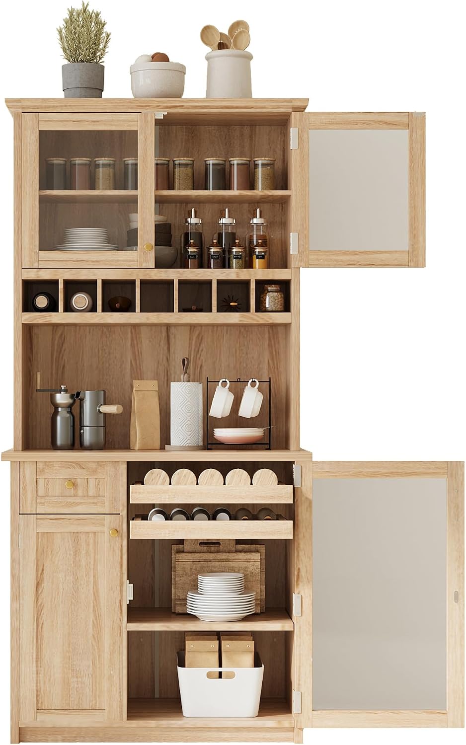 Modern 74.8 inch Tall Kitchen Pantry, Freestanding Buffet with Hutch, Kitchen Pantry Storage Cabinet with Wine Rack and Adjustable Shelves for Dining Room (Natural//1)