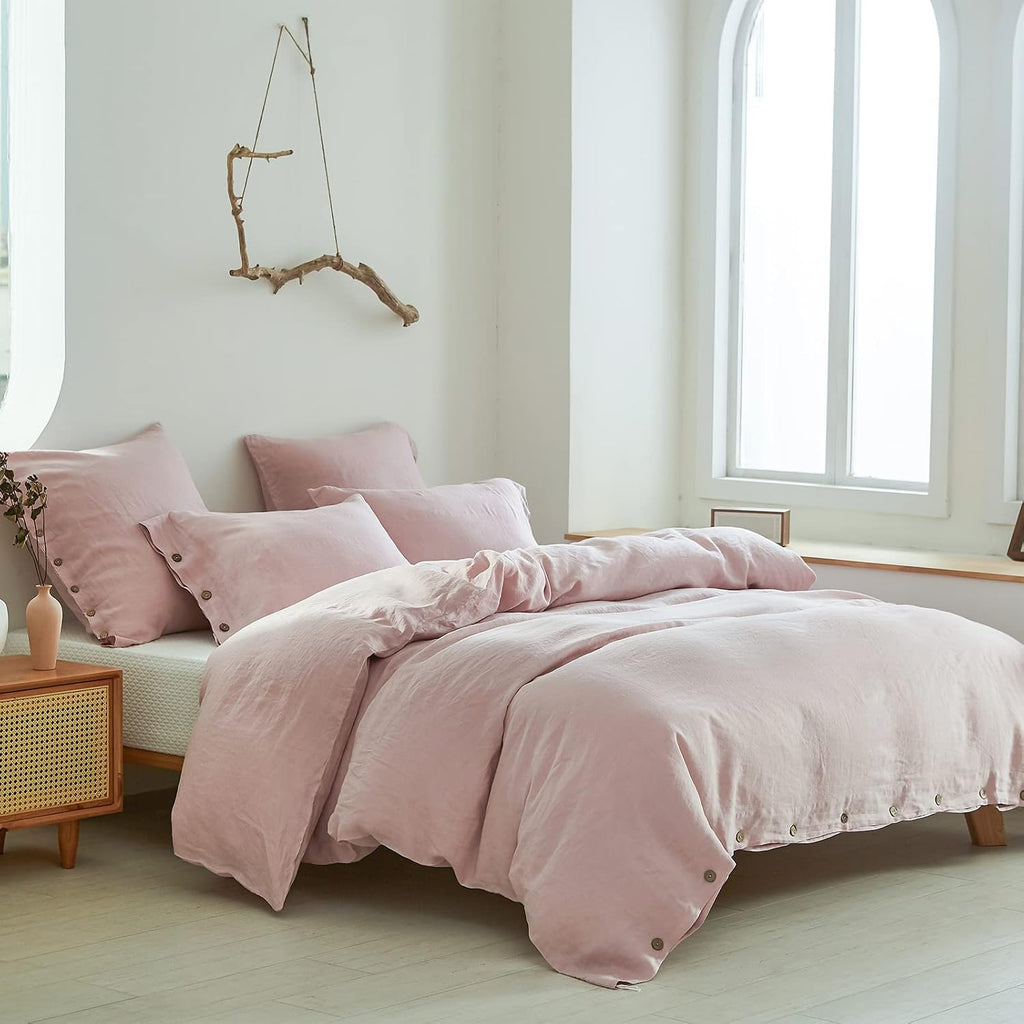 Simple&Opulence 100% Linen Duvet Cover Set 3pcs with Coconut Button Closure Natural French Washed Flax Solid Color Soft Breathable Farmhouse Bedding - Blush Pink, Queen Size