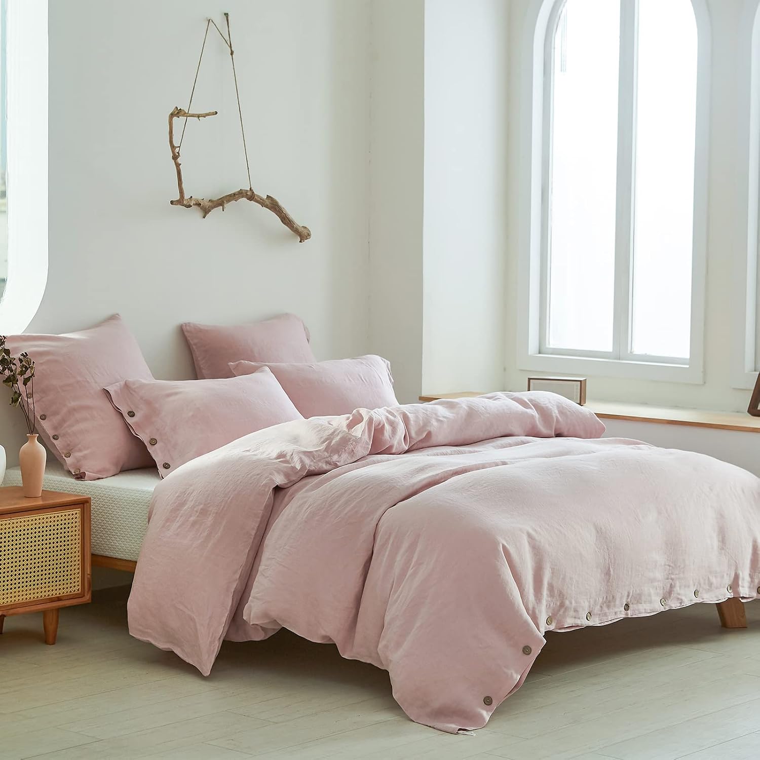 Simple&Opulence 100% Linen Duvet Cover Set 3pcs with Coconut Button Closure Natural French Washed Flax Solid Color Soft Breathable Farmhouse Bedding - Blush Pink, Queen Size