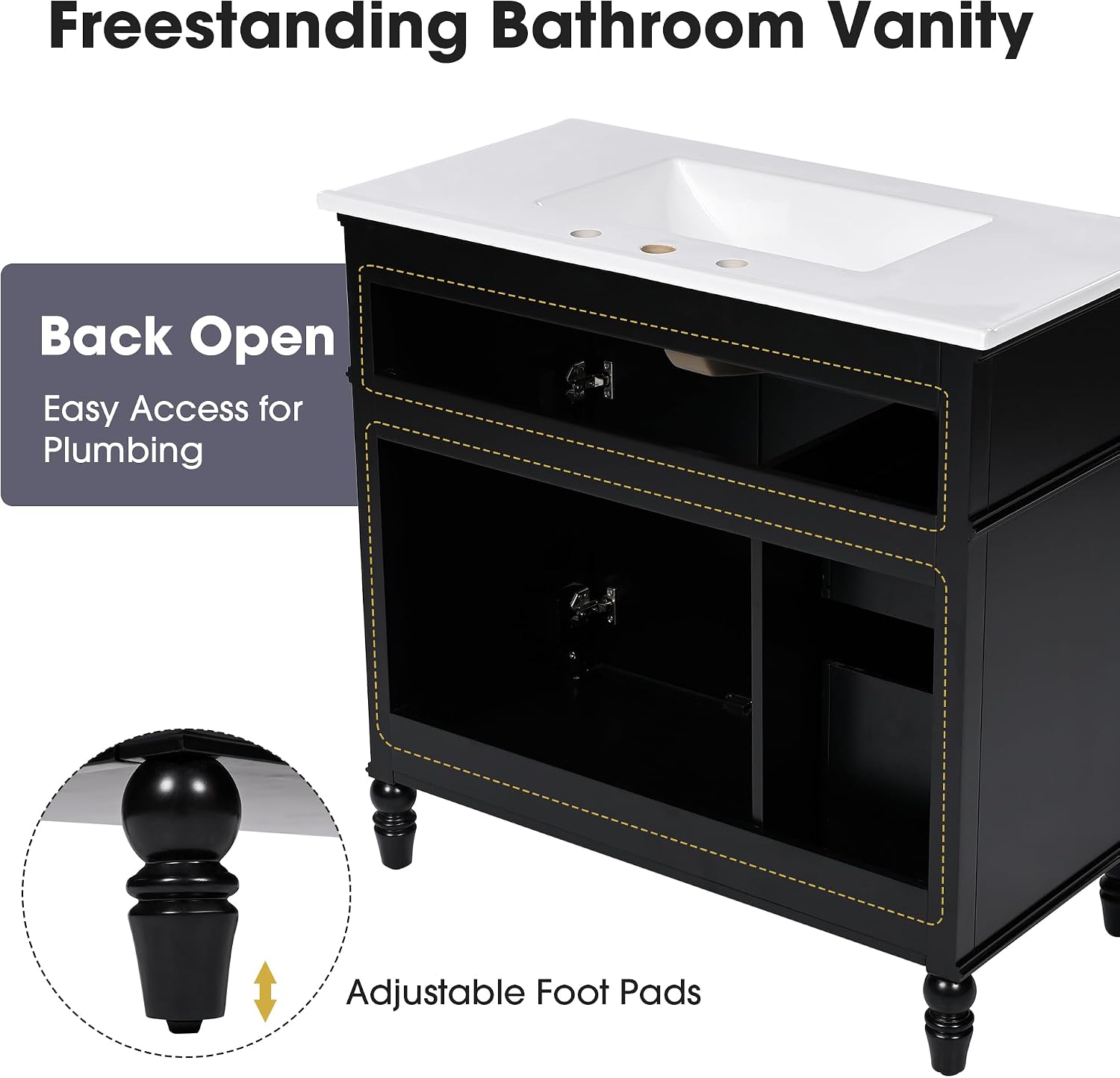 Flieks 36' Bathroom Vanity with Sink, Black Bathroom Cabinet with Drawers, Solid Frame and MDF Board, One Package