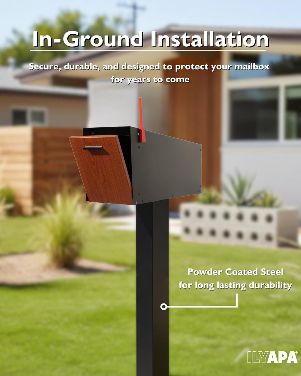Ilyapa Black Metal Mailbox Post for Outside, 43x4x4 inch Metal Post Sleeve with Two Universal Mailbox Mounting Bracket for Curbside Residential Mail Box, Heavy Duty