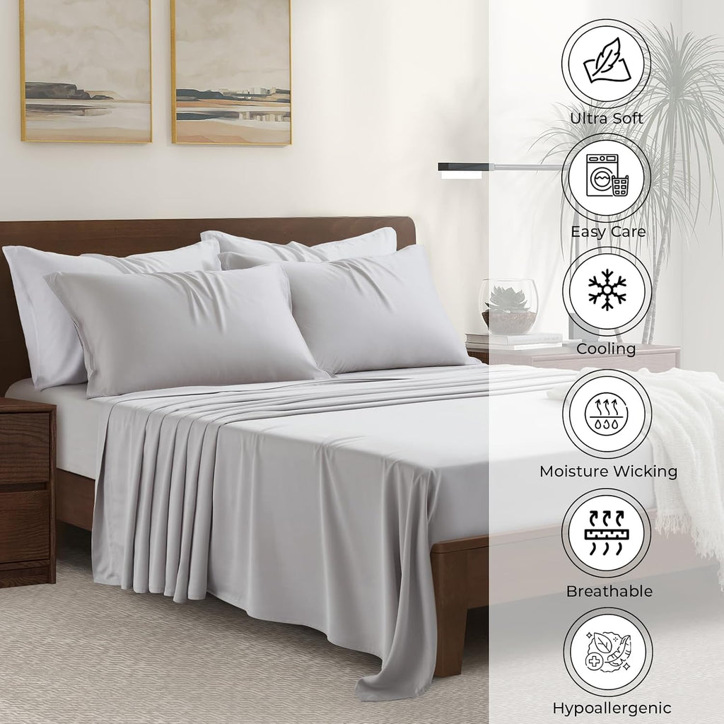 Luxury Bamboo Market | Queen Size Bed Sheet Set | 100% Viscose Made from Bamboo | Organically Grown | Ultra Soft | Cooling Sheets for Hot Sleepers | 17' Deep Pocket [Dove Grey]