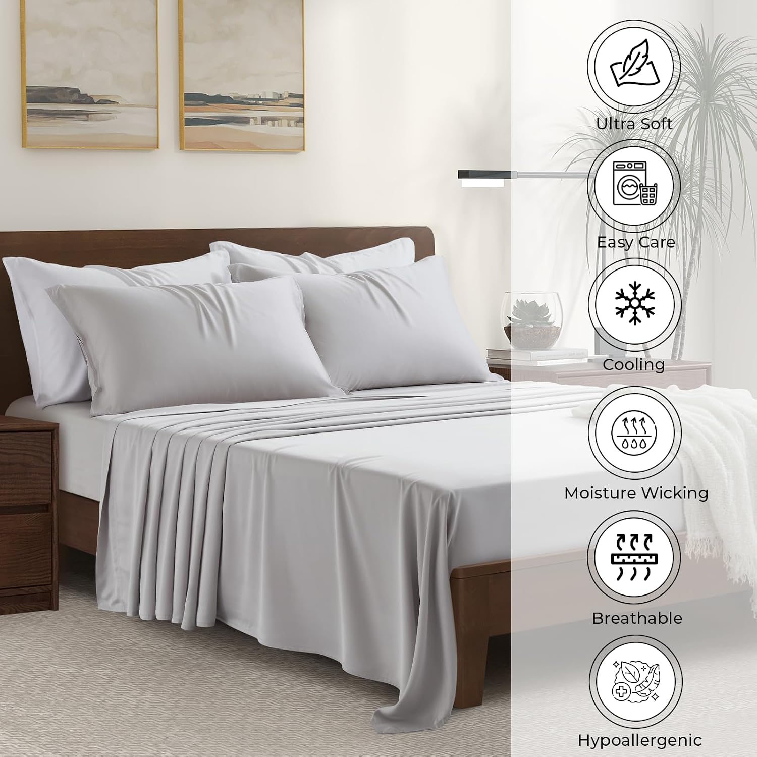 Luxury Bamboo Market | Queen Size Bed Sheet Set | 100% Viscose Made from Bamboo | Organically Grown | Ultra Soft | Cooling Sheets for Hot Sleepers | 17' Deep Pocket [Dove Grey]