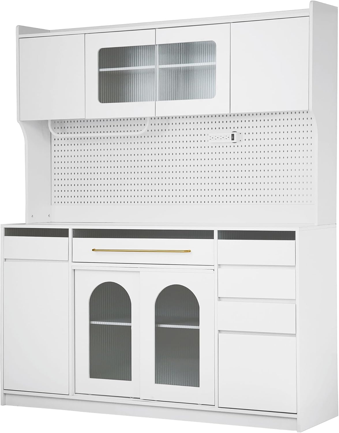 63'' W Buffet Cabinet with Hutch, Large Coffee Bar Storage Cabinet with 6 Drawers, Kitchen Pantry Sideboard with 5 Cabinets and Adjustable Shelves, Pegboard, Towel Rack, Power Outlet (White-Q12)