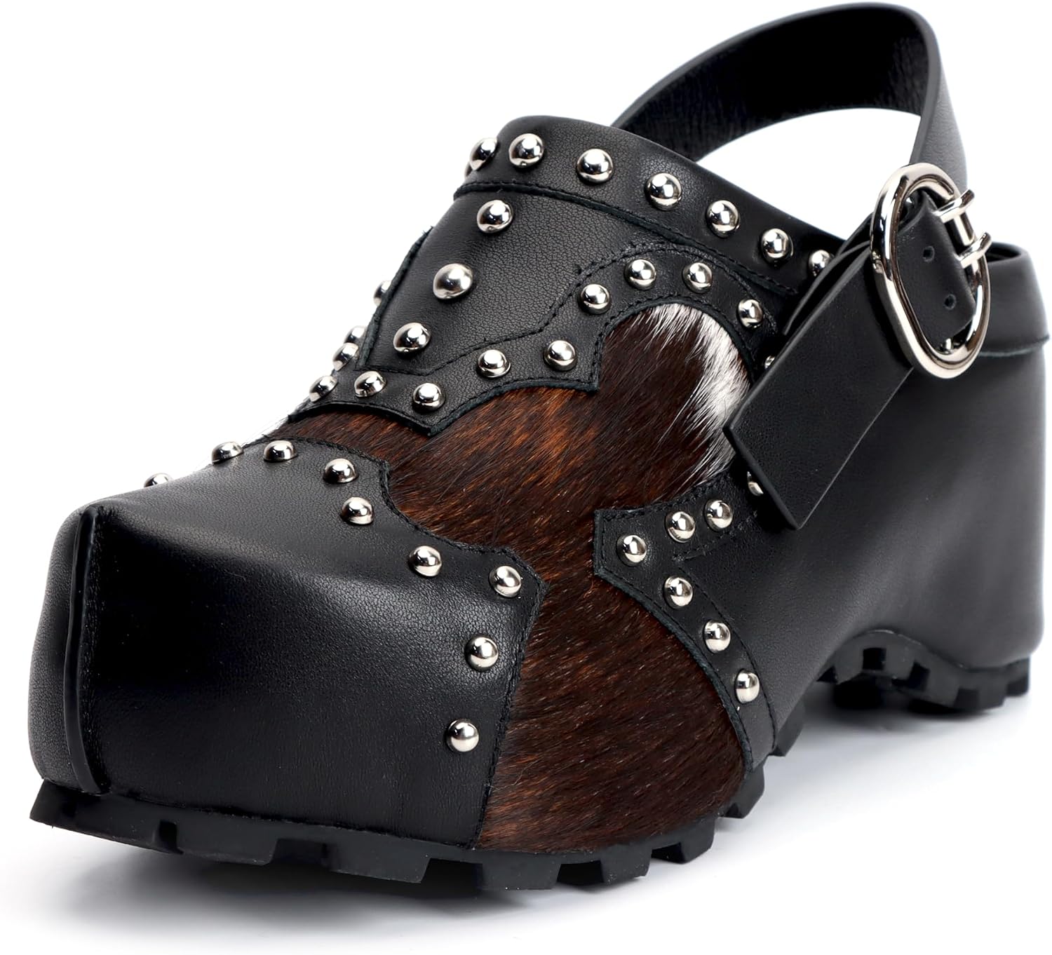 XOBZJH Platform Clogs for Women with Arch Support – Natural Calf Hair & Leather Patchwork Upper, Adjustable Strap, Leather-Lined Slip-On Mules for Flat Feet, Vintage Rivet Design