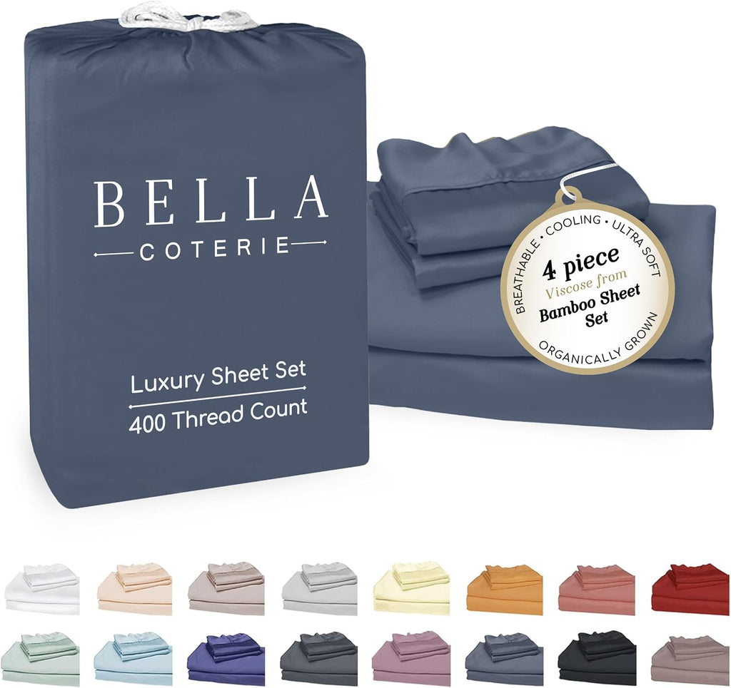 Bella Coterie Luxury Bamboo Viscose Queen Size Sheet Set | 100% Organically Grown | Ultra Soft | Cooling for Hot Sleepers | 18' Deep Pocket [Slate Blue]