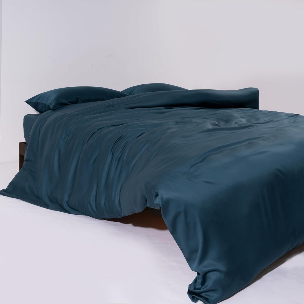 FURRFREE Bamboo Duvet Cover - Genuine 100% Organic Viscose- Breathable & Silky Soft Duvet Cover for All Season, Machine Washable, Pet Hair Repellent Family -Contemplating Blue Queen
