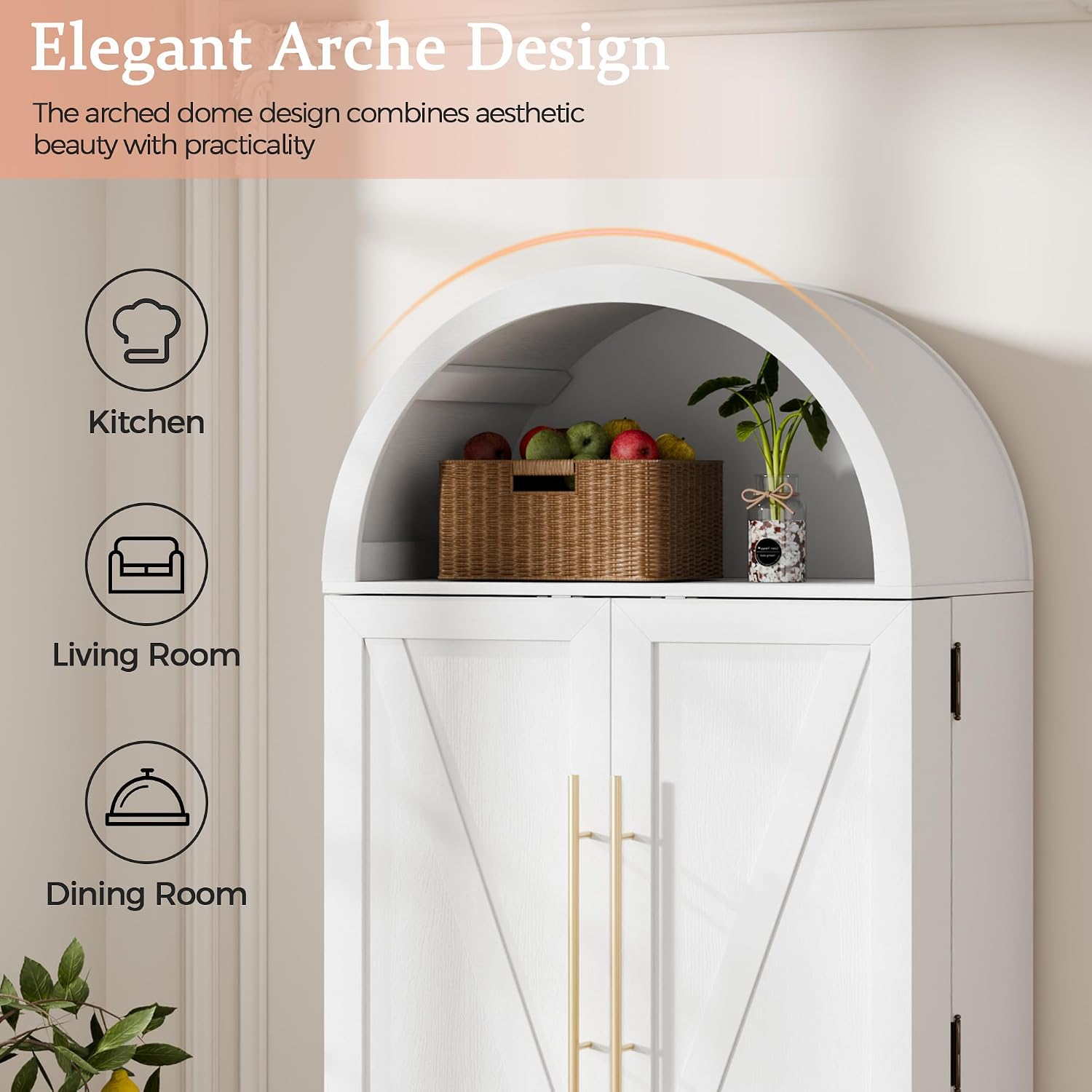 65''H Kitchen Storage Cabinet Pantry with 4 Large Storage Compartment & 10 Door Shelves, Free Standing Pantry Cabinet with Barn Doors Tall Kitchen Cabinet for Dining Room, Living Room, White