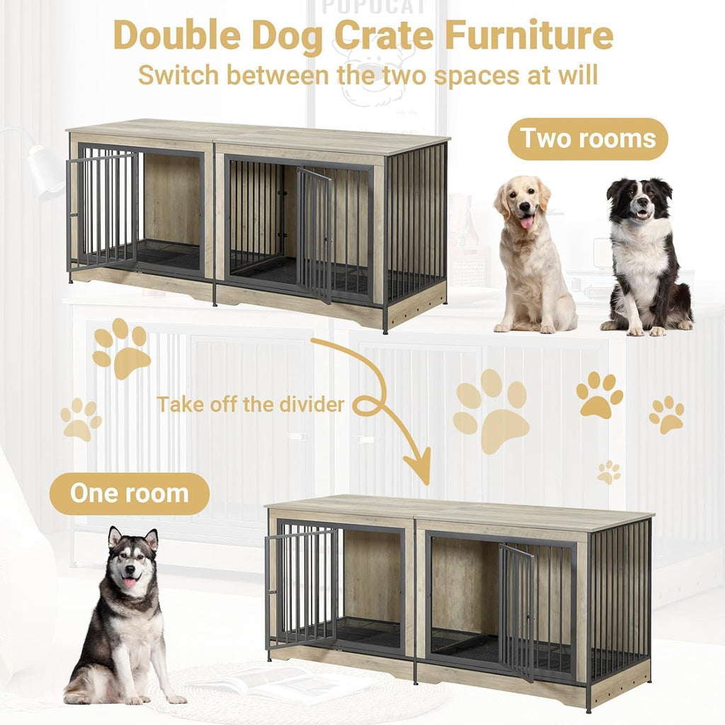 Rovibek 75' Double Dog Crate Furniture for 2 Large Dogs, Heavy Duty Furniture Style Dog Kennel End Table, Wood Crates for Dogs Kennel Indoor Double Door, Grey