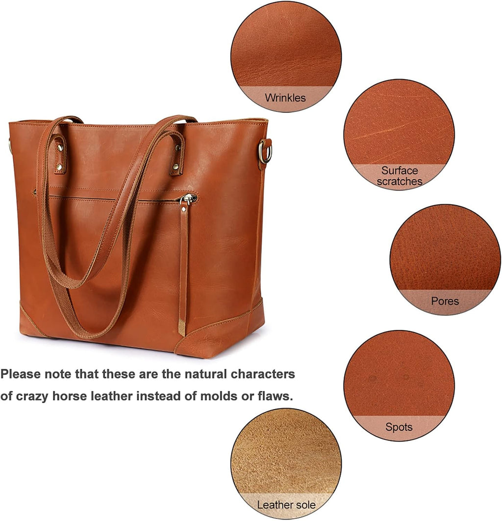 S-ZONE Vintage Genuine Leather Shoulder Bag Work Totes for Women Purse Handbag with Back Zipper Pocket Large