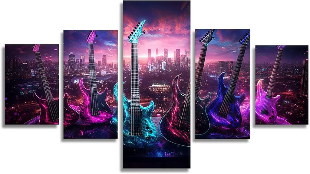 Guitar Diamond Art 5 Piece Diamond Painting City 5D DIY Full Round Drill Dimond Art Paintings Rhinestones Crafts for Adults Gem Painting for Home Decor, Large Artwork for Wall 40 x 80 Inch, Model273