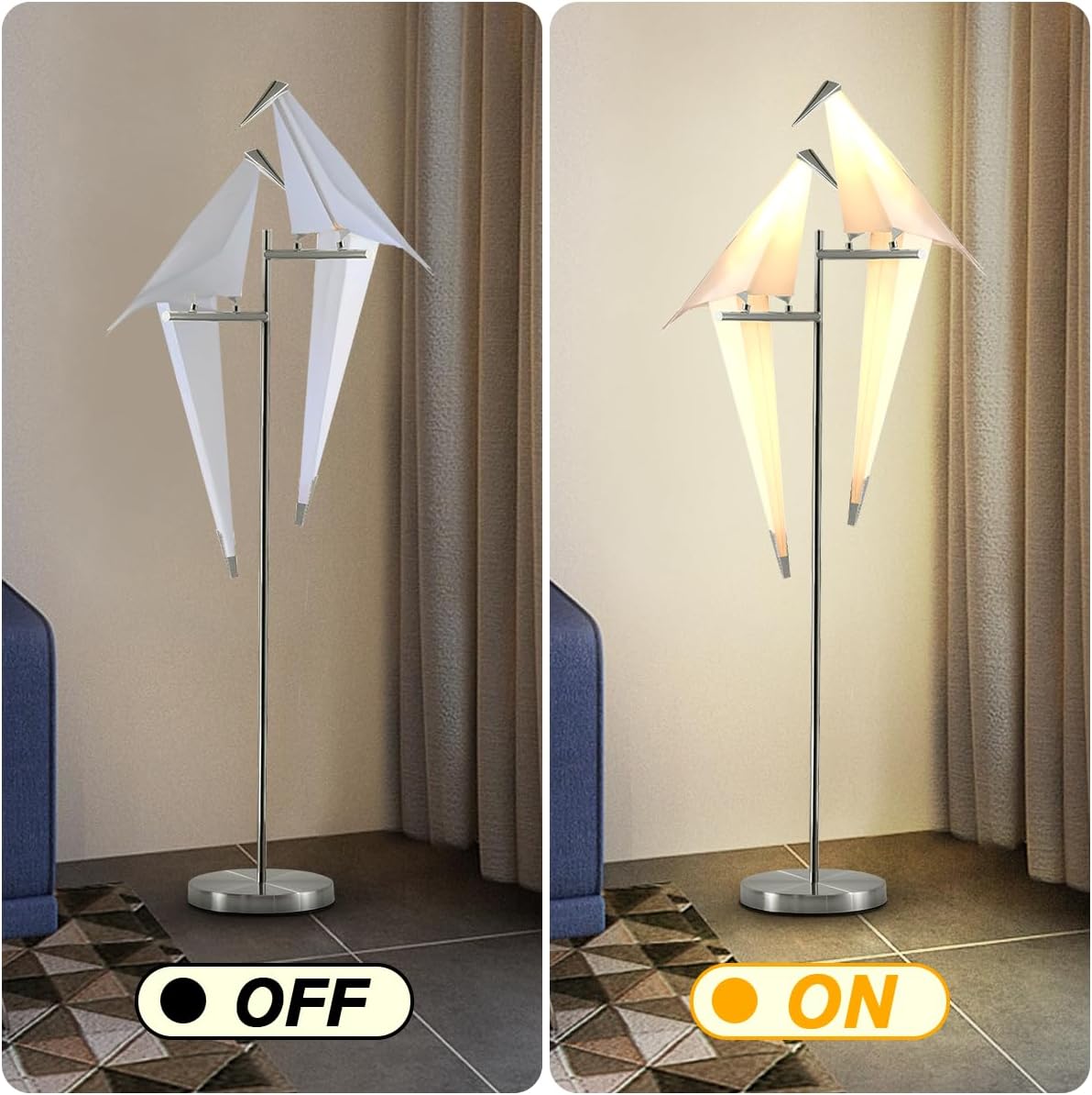 68In Bird Floor Lamp, Modern Origami Bird Lamp, Silver Swinging Crane Pendant Light Fixtures for Living Room Bedroom Dinning Room Office