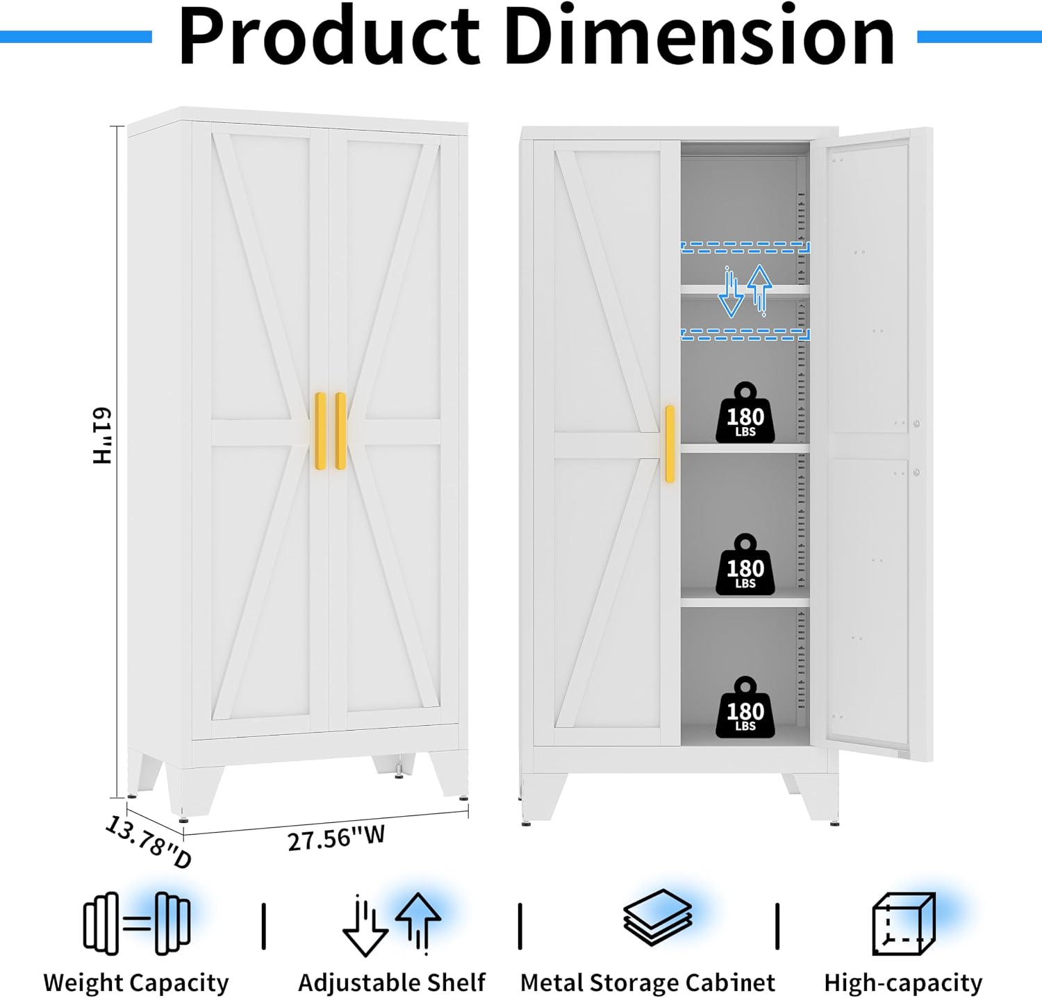61' Tall Pantry Cabinet, White Metal Pantry Storage Cabinet, Kitchen Pantry Storage Cabinets with 2 Door and 3 Adjustable Shelves (White, 61' Modern)
