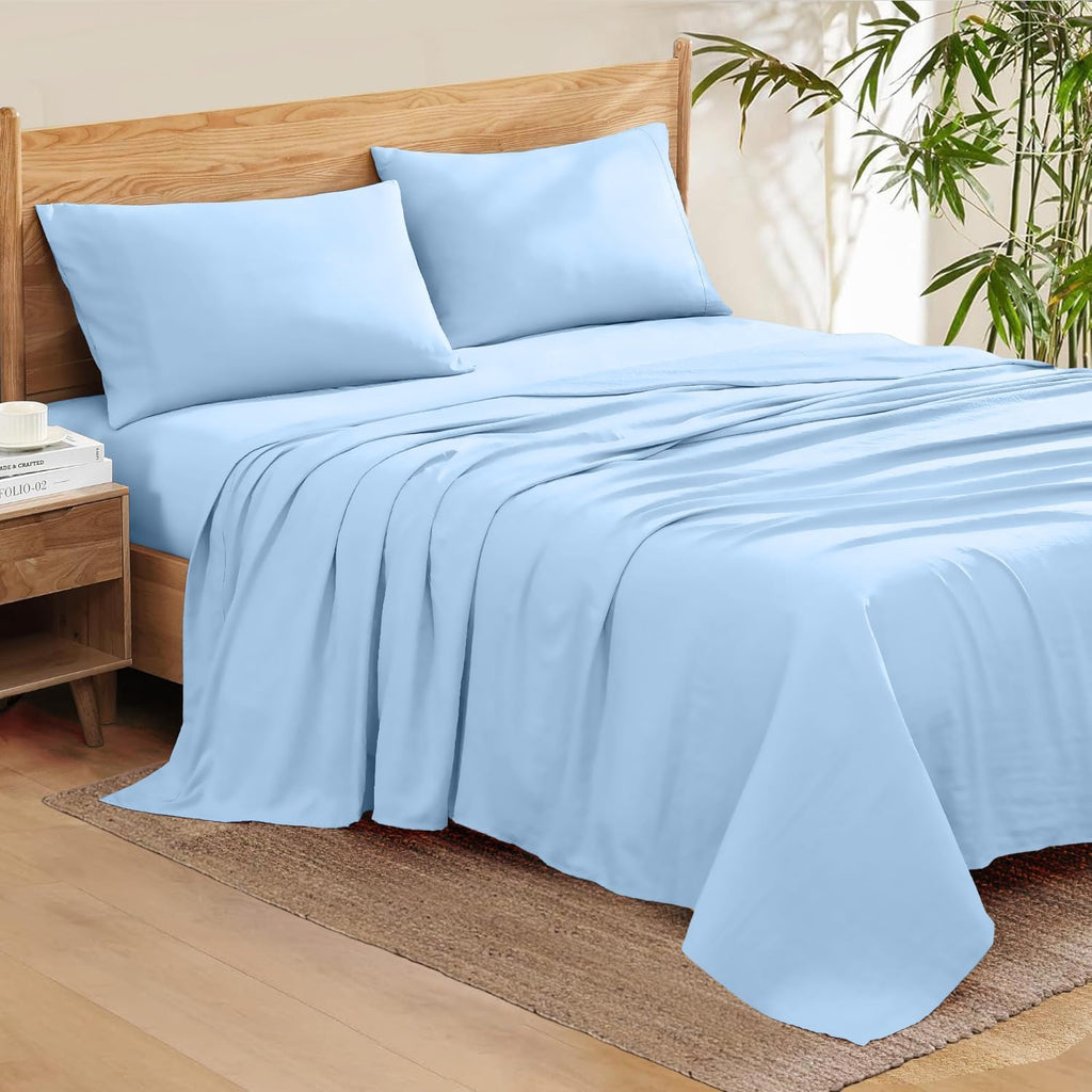 1000 Series- Extra Long Staple 100% Egyptian Cotton Sheet Set,Sateen Weave, Hotel Quality Soft Luxury Bedding, Queen Size 4 Piece Sheet Set Fit 15' Inch to 18' Deep Light Blue Solid.