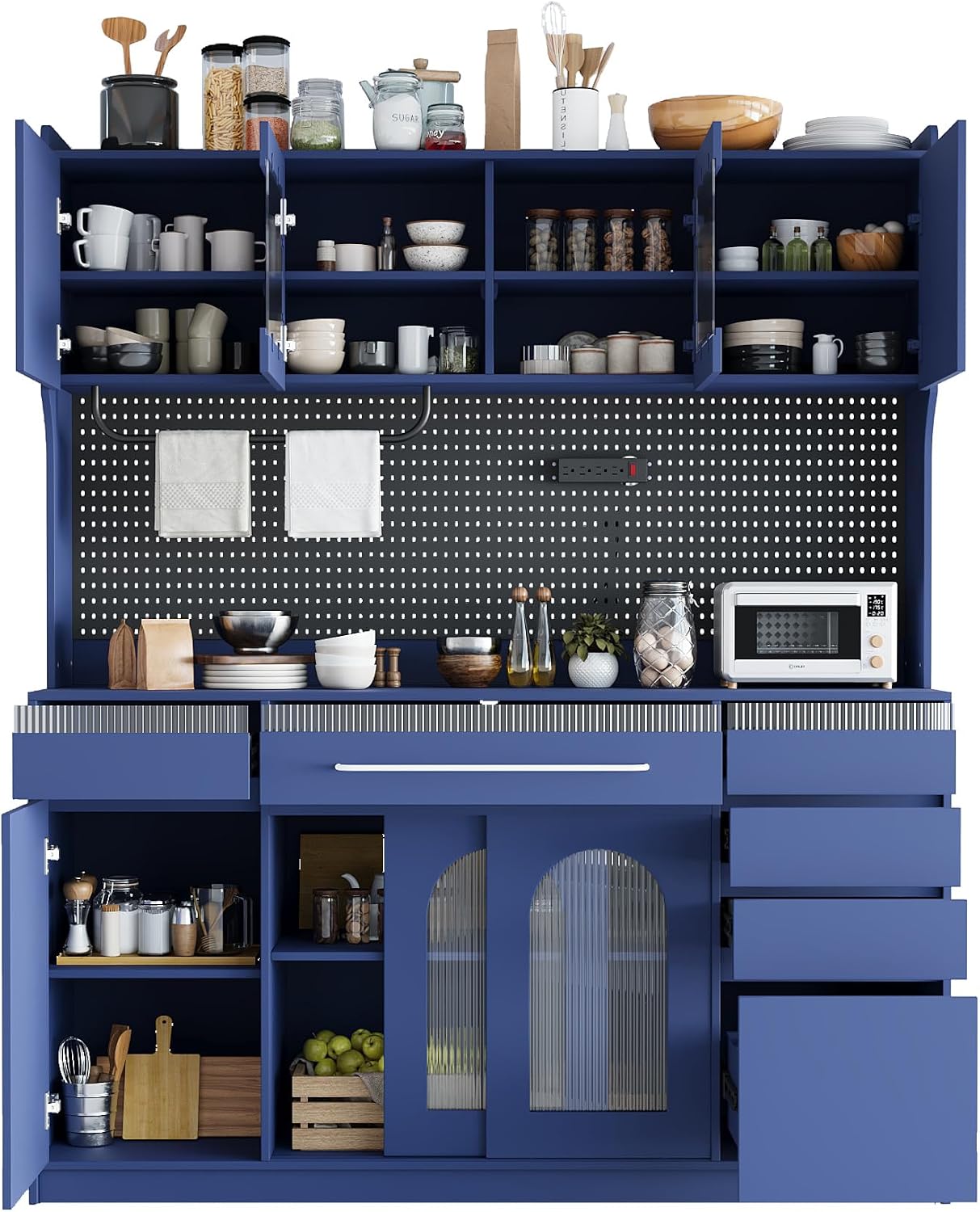 63'' W Buffet Cabinet with Hutch, Large Coffee Bar Storage Cabinet with 6 Drawers, Kitchen Pantry Sideboard with 5 Cabinets and Adjustable Shelves, Pegboard, Towel Rack, Power Outlet