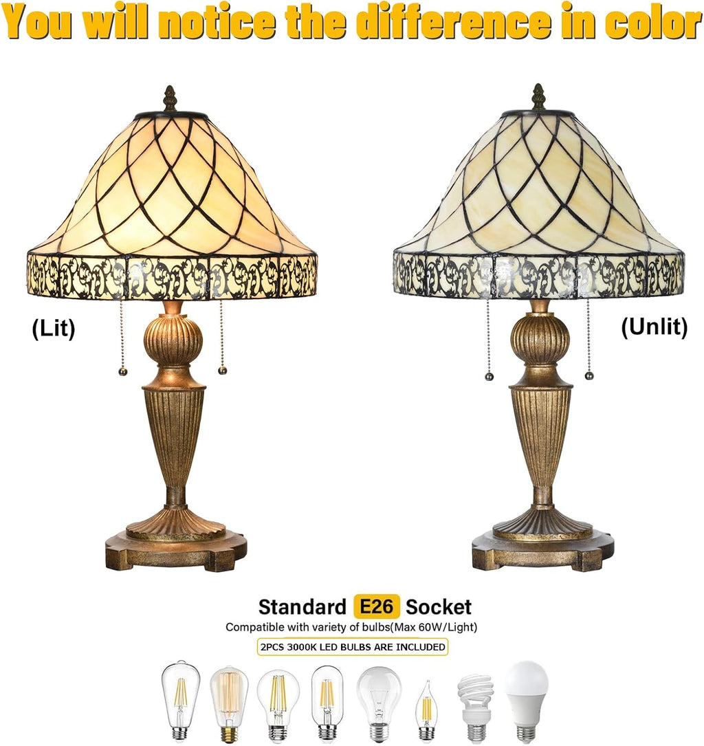 TL0028 Tiffany Table Lamp Stained Glass Lampshade Beige-Like Color with Geometric Pattern, Warm Glow & Elegant Design, Antique Finished Lamp Base, W 14 X H 24 Inches, LED Bulb Included