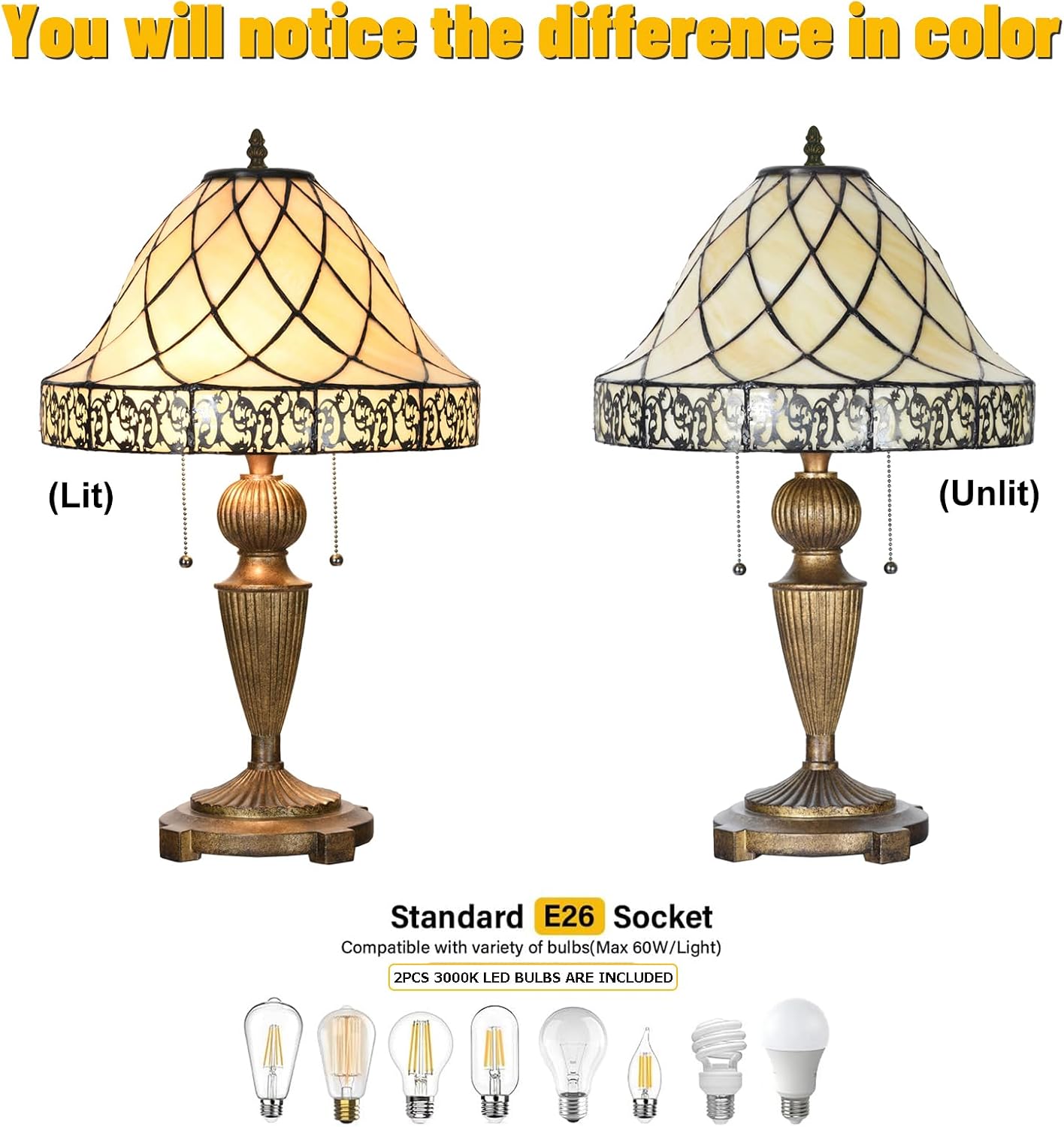 TL0028 Tiffany Table Lamp Stained Glass Lampshade Beige-Like Color with Geometric Pattern, Warm Glow & Elegant Design, Antique Finished Lamp Base, W 14 X H 24 Inches, LED Bulb Included