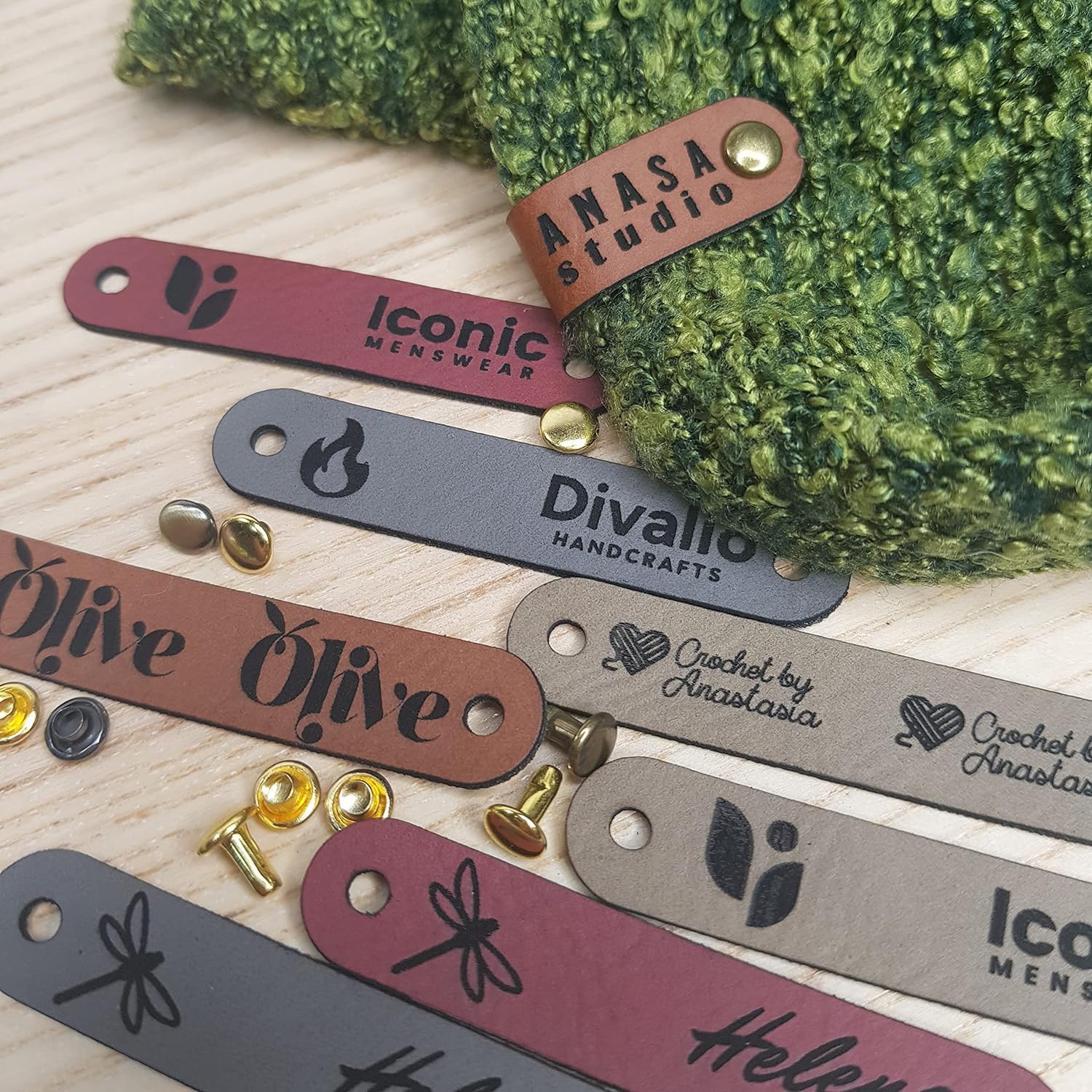 Customized 2.5 x 0.5 in Faux Leather Product Tags with Rivets Personalized Tags for Knitting and Crochet, Cute Labels Handmade Perfect for Hats Beanies Scarves & More (250 Labels)