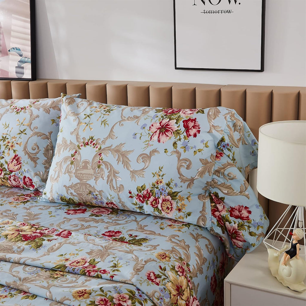 ABREEZE Floral Bedding Shabby Blue Bed Sheet Set Vintage Luxury Bedding Collections Ruffled 1000 Thread Count 100% Egyptian Cotton Deep Pocket, 4 Piece-King Size