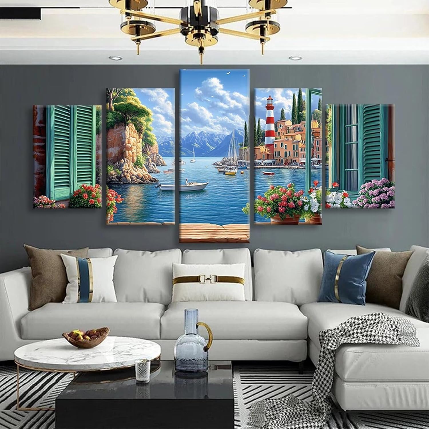 Landscape Diamond Art 5 Piece Diamond Painting Lighthouse 5D Full Square Drill Dimond Art Paintings Crystal Crafts for Adults Gem Painting for Home Decor, Large Artwork for Wall 44 x 90 Inch, Model126