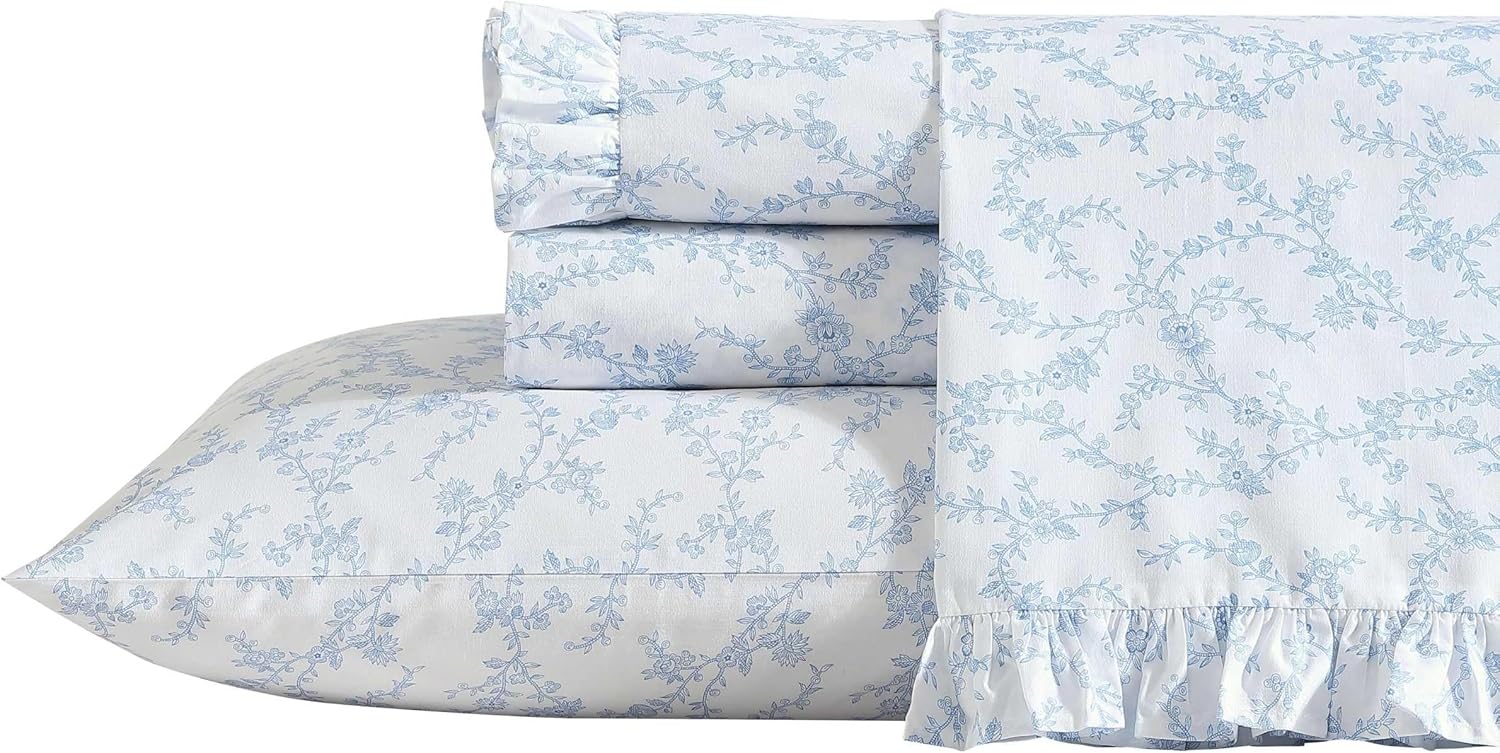 Laura Ashley - Twin XL Size Sheet Set, Crisp Cotton Percale Bedding with Ruffle Pillowcase, Fully Elastic Deep Pocket Fitted Sheet, Floral Room Decor, Breathable All-Season Comfort (Victoria Blue)