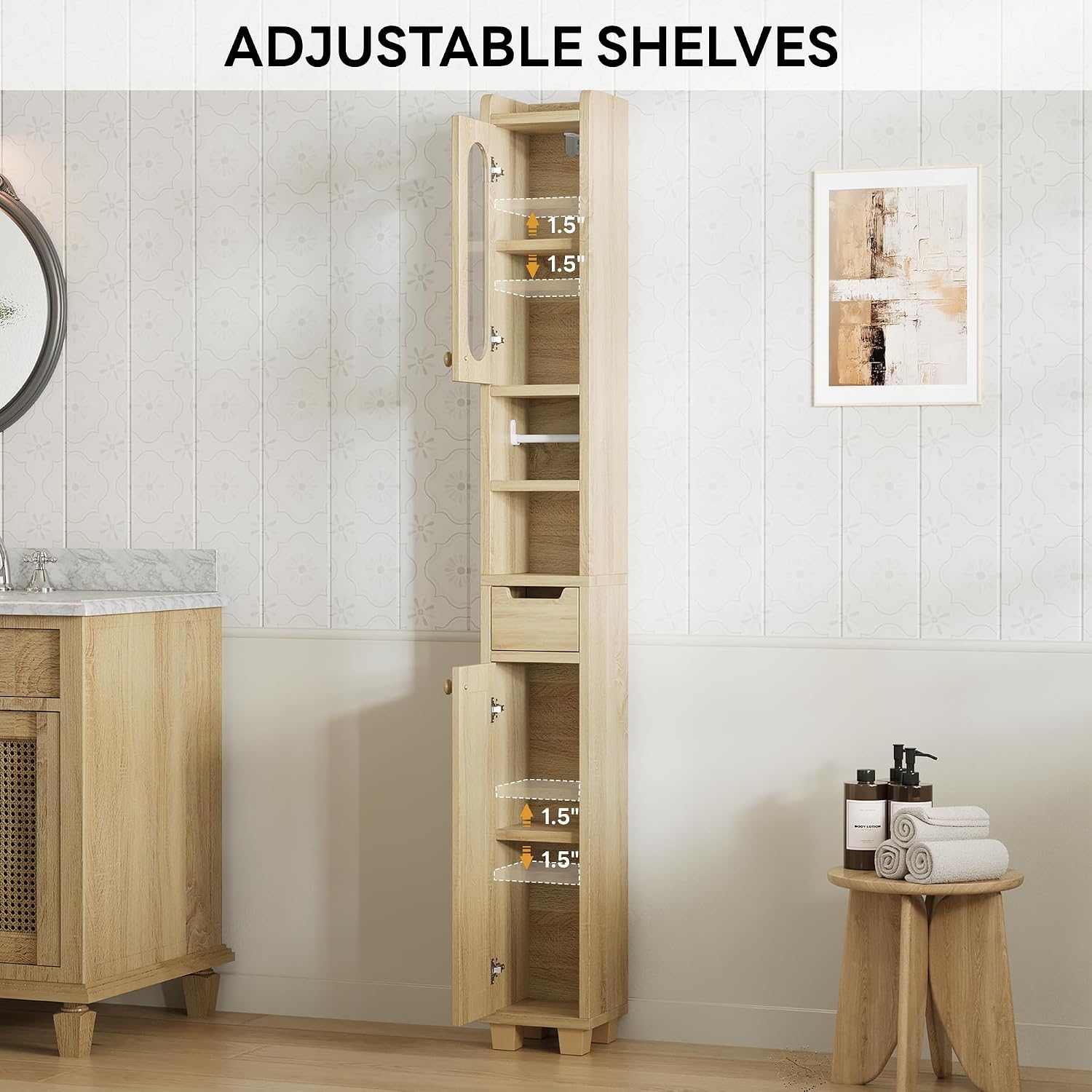 LIKIMIO 69' H Tall Bathroom Storage Cabinet with 2 Doors & 1 Drawer, Narrow Adjustable Shelves & Pull-Out Tissue Holder, Slim Freestanding Cabinet for Small Spaces, Kitchen, Entryway, Rustic White