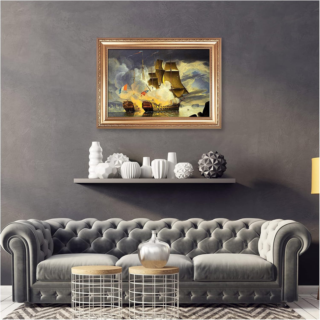 Battle of the Raz de Sein by John Christian Schetky Sailboat Warship Painting Reproductions Framed Size:36x26 inches,Image Size:30x20 inches World Classic Reproductions For HomeDecor,Gold Frame