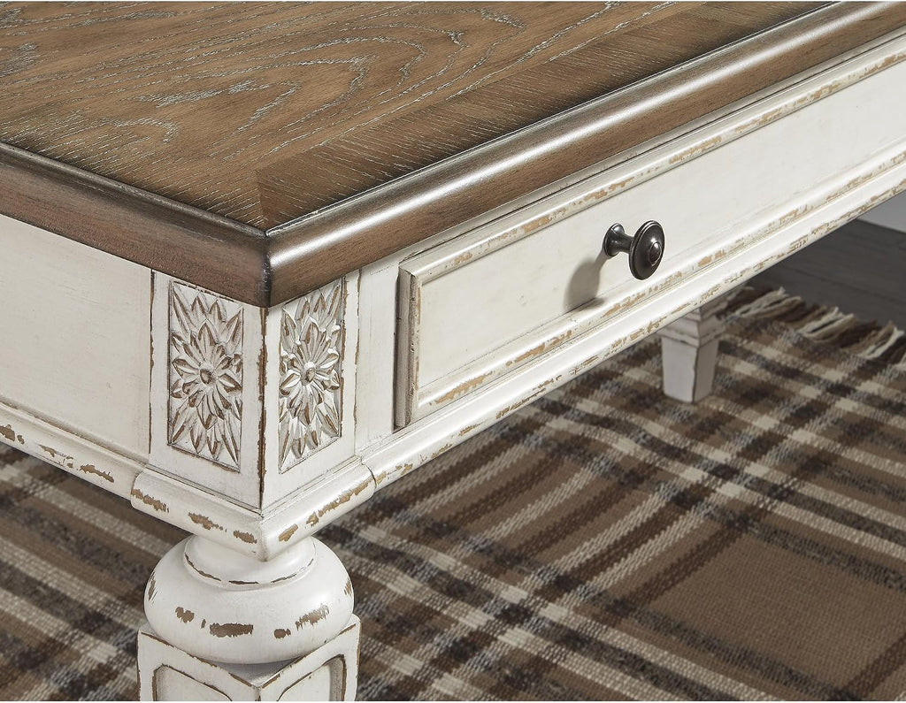 Signature Design by Ashley Realyn Cottage L-Shaped Distressed 2-Piece Home Office Desk with Power Supply and USB Ports, White & Light Brown
