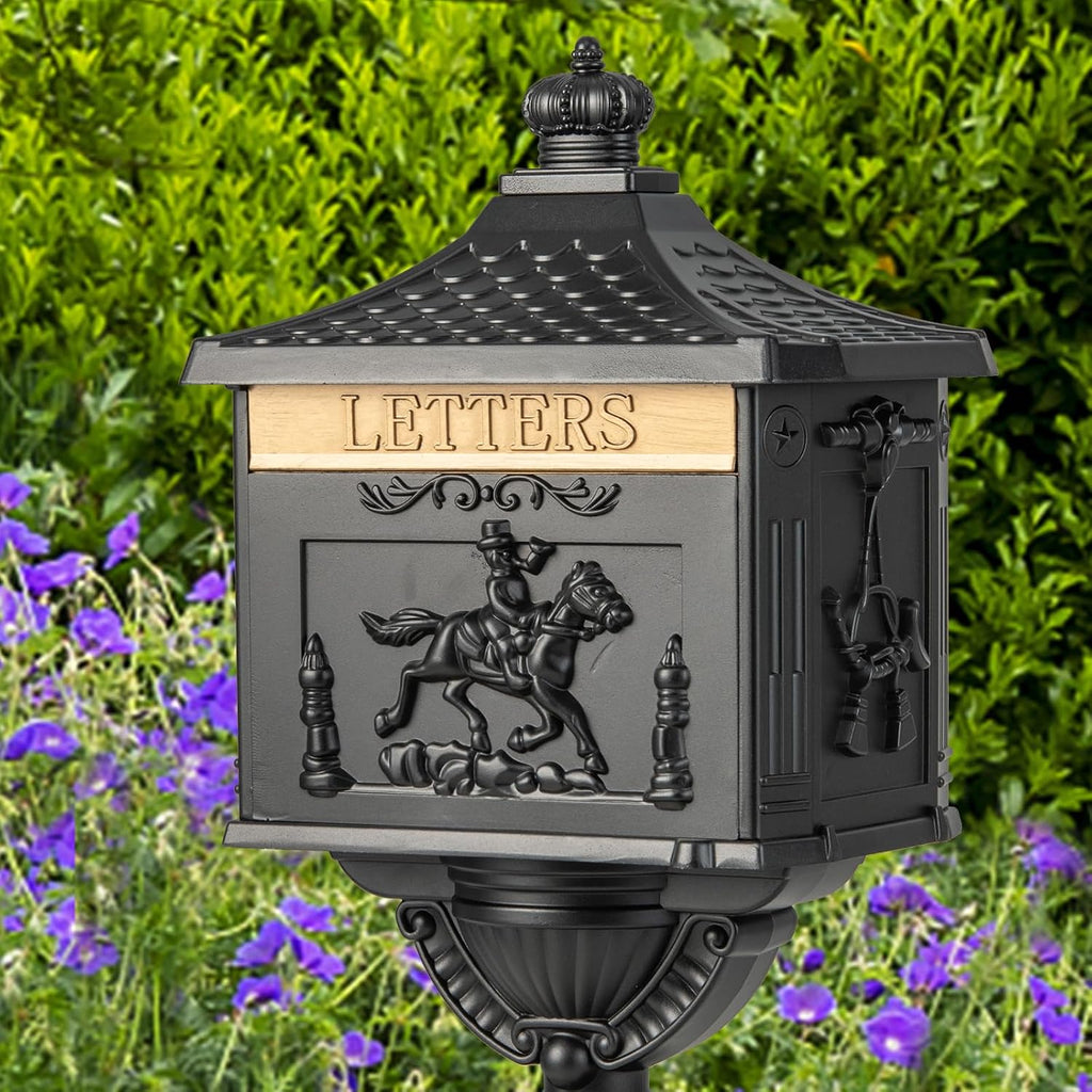 Goplus Mailbox Cast Aluminum with Post, Heavy Duty Locking Security Mail Box for House Outside, Vintage Postal Box with Keys & Baffle Door, Large, Freestanding, Post Mount