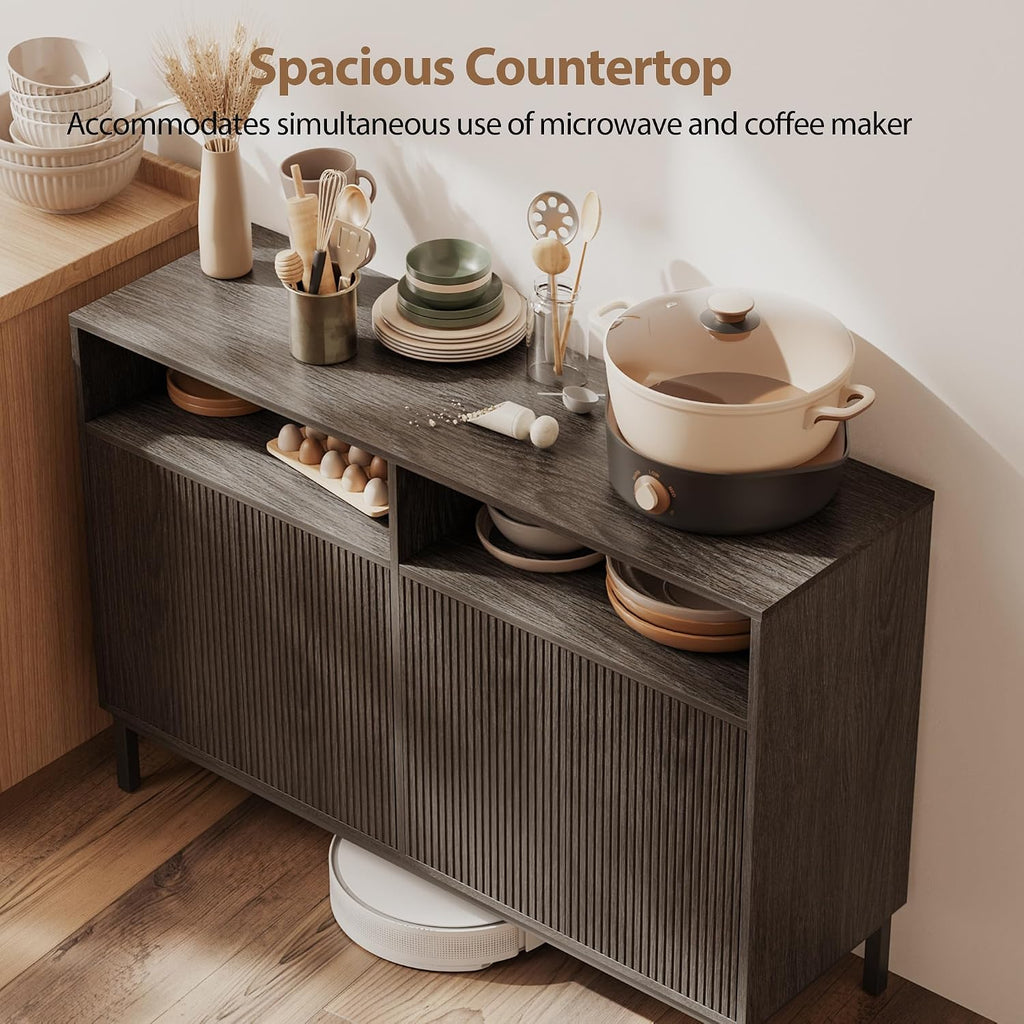 Mericonia Farmhouse Buffet Sideboard Cabinet with Storage, Fluted Coffee Bar with Doors and Adjustable Shelves, Modern Wood Console Cabinet for Kitchen, Livingroom (Fluted 4 Door, Grey)