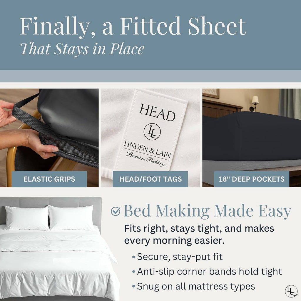 Linden & Lain Luxury Queen Size Bed Sheet Set | Organic Ultra Soft Bed Sheets | Viscose Derived from Bamboo | Microfiber | 18' Deep Pocket with Upgraded Elastic | Best Cooling Technology | Charcoal