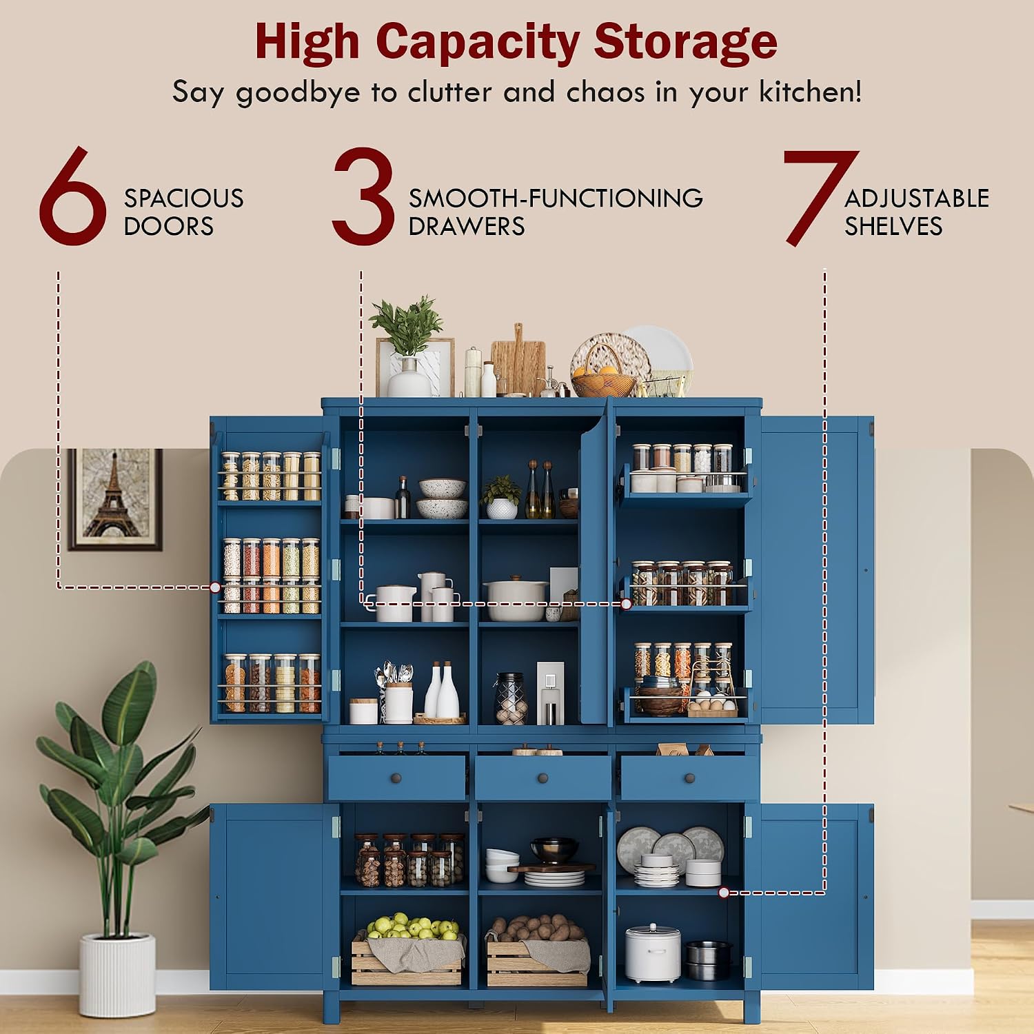 Farmhouse 74.8''H High Freestanding Kitchen Pantry, 53''Lx20''W Wooden Large Cupboard Storage Cabinet with Door Shelves, Adjustable Shelves, Pull-Out Trays and Drawers (Blue-6ds)