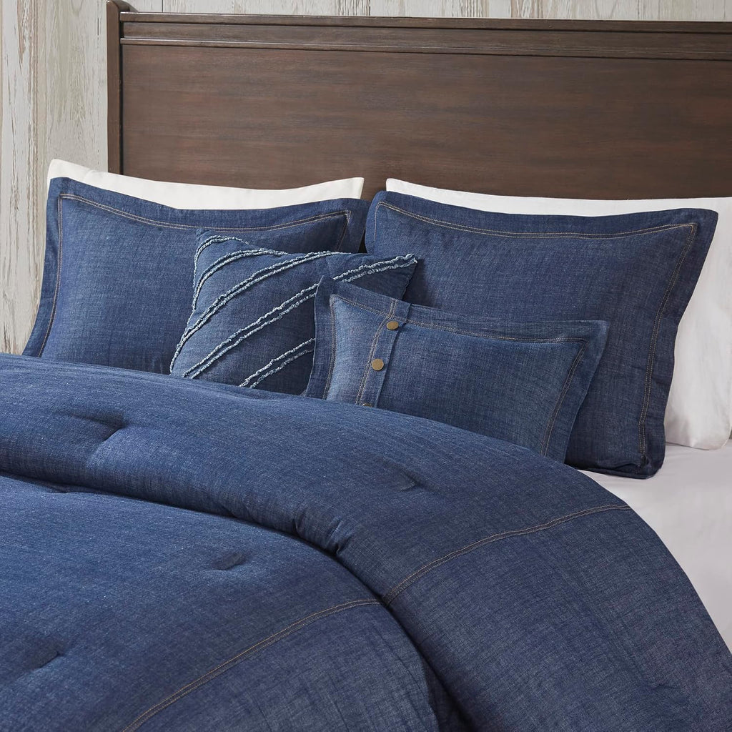 Woolrich Rustic Lodge Cabin Comforter Set - All Season Down Alternative Warm Bedding Layer and Matching Shams, Oversized Full, Perry, Denim Blue