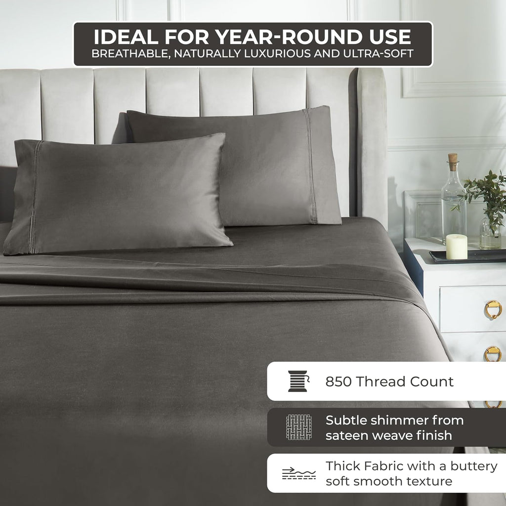 Superior Egyptian Cotton 850 Thread Count Bed Sheet Set, 1 Elastic Deep Pocket Fitted Sheet, 1 Flat Sheet, 2 Pillowcases, Daily Soft Sheets, Luxury, Plush, Home Collection, Full, Grey