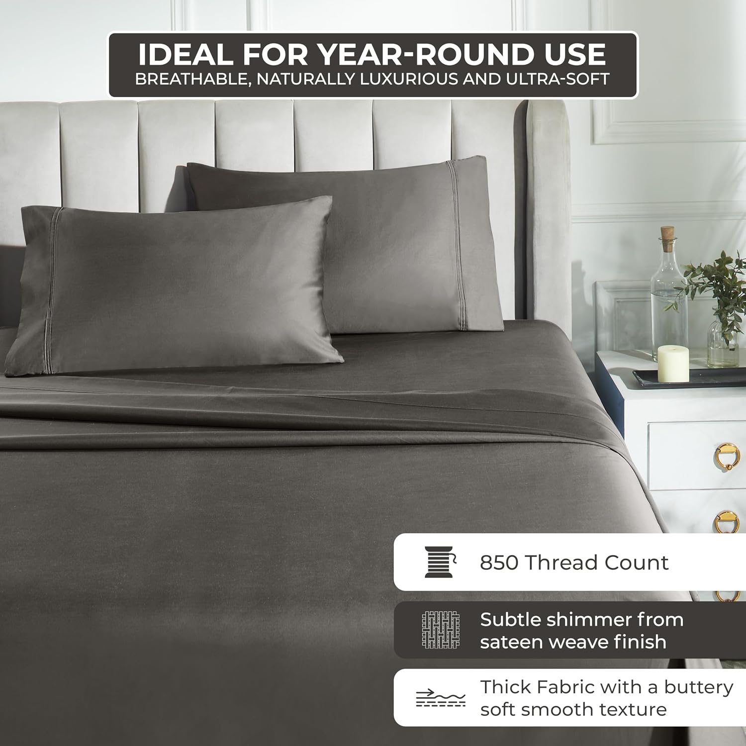 Superior Egyptian Cotton 850 Thread Count Bed Sheet Set, 1 Elastic Deep Pocket Fitted Sheet, 1 Flat Sheet, 2 Pillowcases, Daily Soft Sheets, Luxury, Plush, Home Collection, Full, Grey