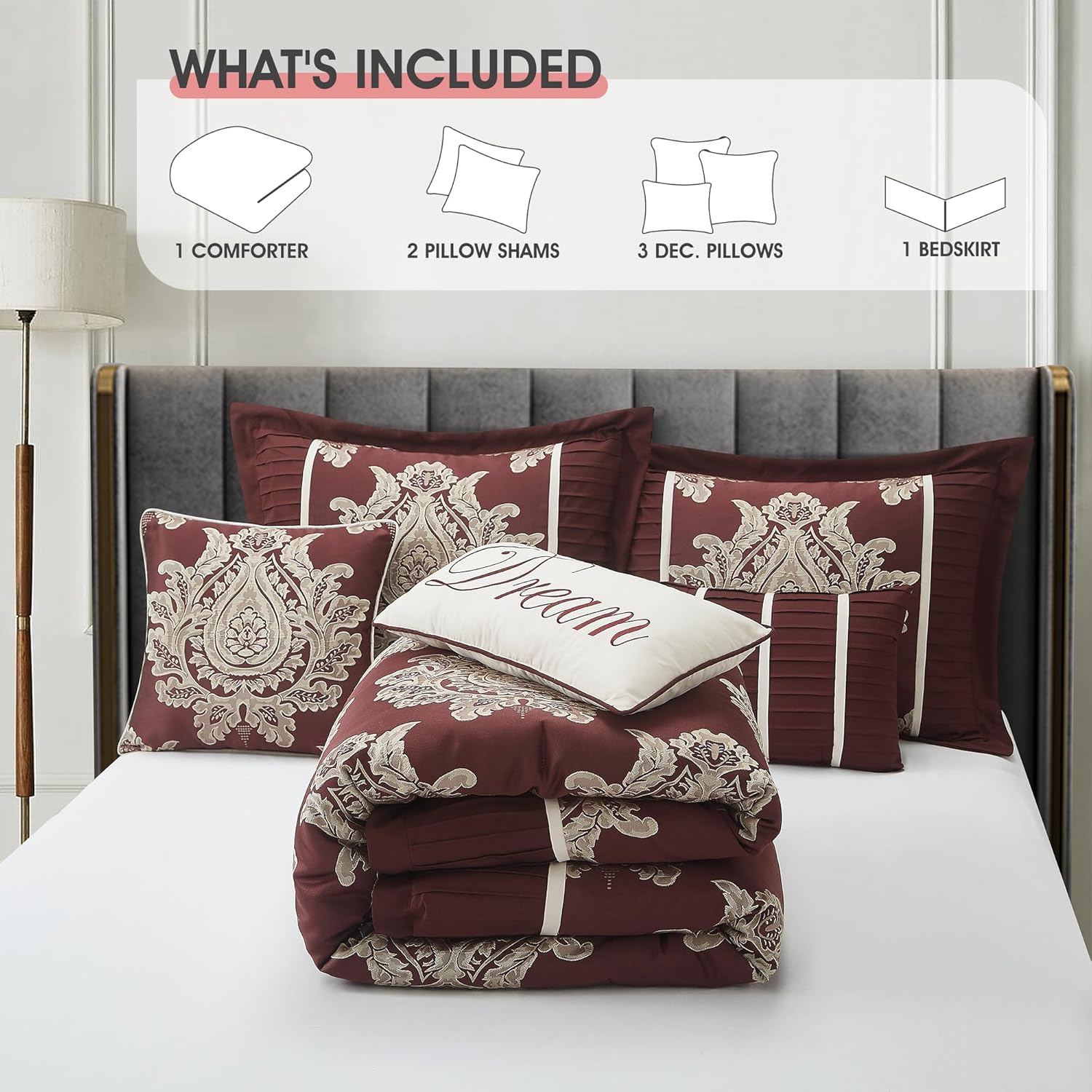 LANCO MODERN LIFESTYLE Burgundy Queen Comforter Set 7 Pieces, Jacquard Woven with Damask, Bedding Set in a Bag Includes Comforter, Bed Skirt, Pillow Shams, and Decorative Pillows