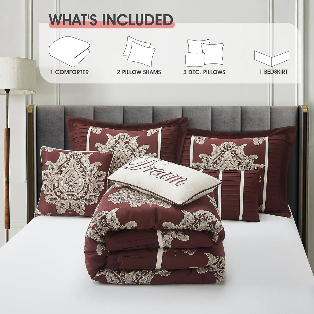 LANCO MODERN LIFESTYLE Burgundy California King Comforter Set 7 Pieces, Jacquard Woven with Damask, Bedding Set in a Bag Includes Comforter, Bed Skirt, Pillow Shams, and Decorative Pillows