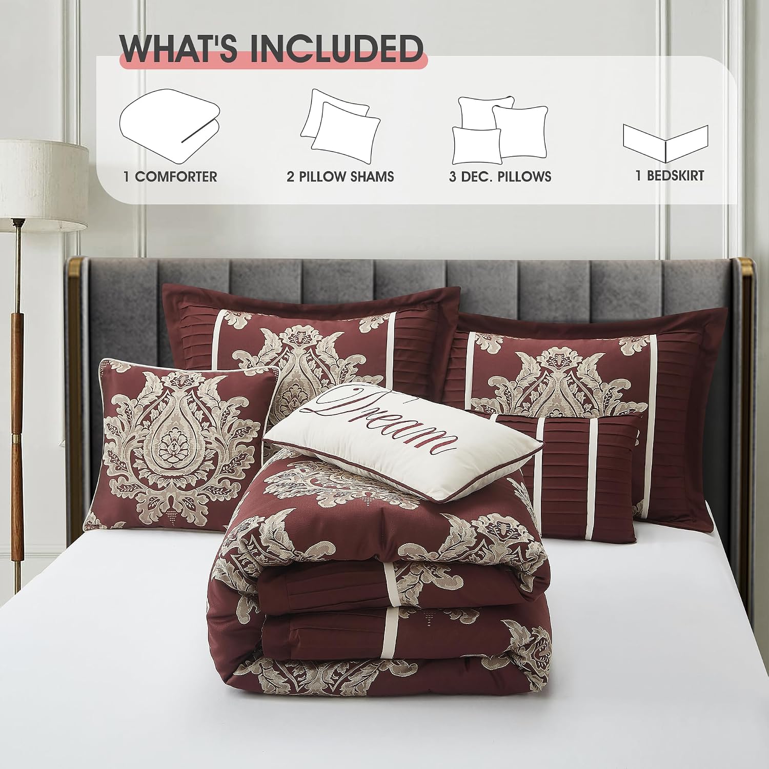 LANCO MODERN LIFESTYLE Burgundy California King Comforter Set 7 Pieces, Jacquard Woven with Damask, Bedding Set in a Bag Includes Comforter, Bed Skirt, Pillow Shams, and Decorative Pillows
