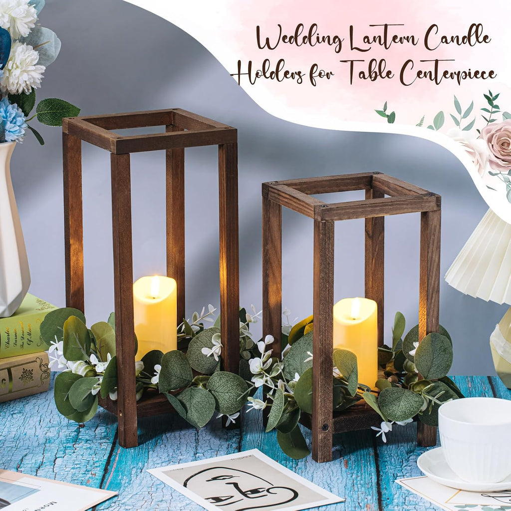 Geelin 12 Set 10.59'', 13'' Brown Wooden Lanterns for Wedding Centerpieces Include 12 Wooden Lantern 12 LED Candle 12 Eucalyptus Leaves Wreath for Wedding Baby Shower Farmhouse Table Decor