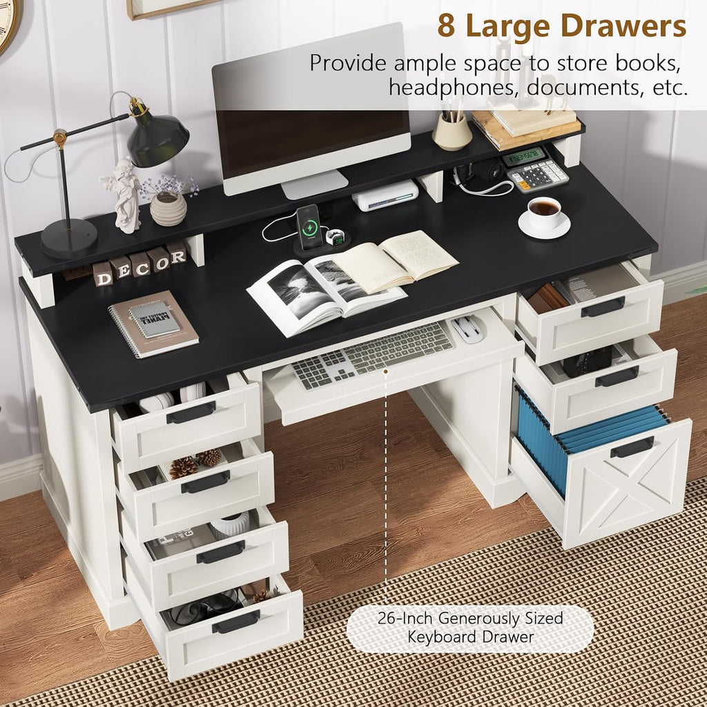 Farmhouse Executive Desk 60' Computer Desk with 8 Drawers and Power Outlets, Wood Home Office Desk with Keyboard Tray & Monitor Stand, Writing Desk Workstation for Bedroom Study, White and Black