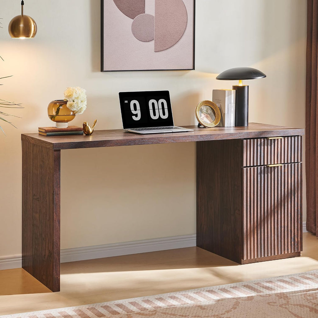 JXQTLINGMU 60' Modern Executive Desk with Storage, Wood Home Office Desk with Drawer & Cabinet, Fluted Computer Writing Desk for Study, Living Room, Bedroom, Dark Walnut