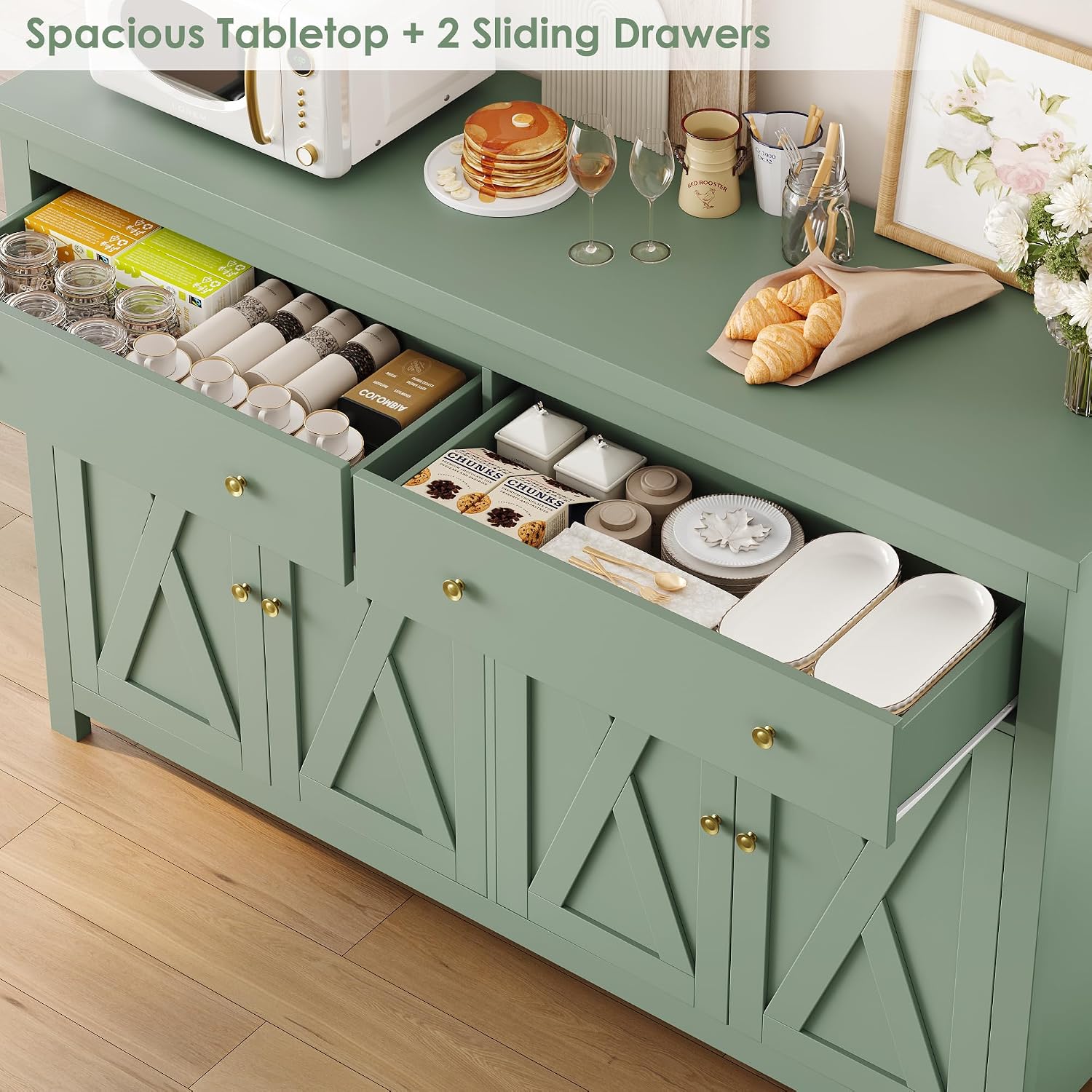 FOTOSOK Sideboard Buffet Cabinet with Storage, 55' Large Kitchen Storage Cabinet with 2 Drawers and 4 Doors, Wood Coffee Bar Buffet Table Console Table for Kitchen Dining Room, Green