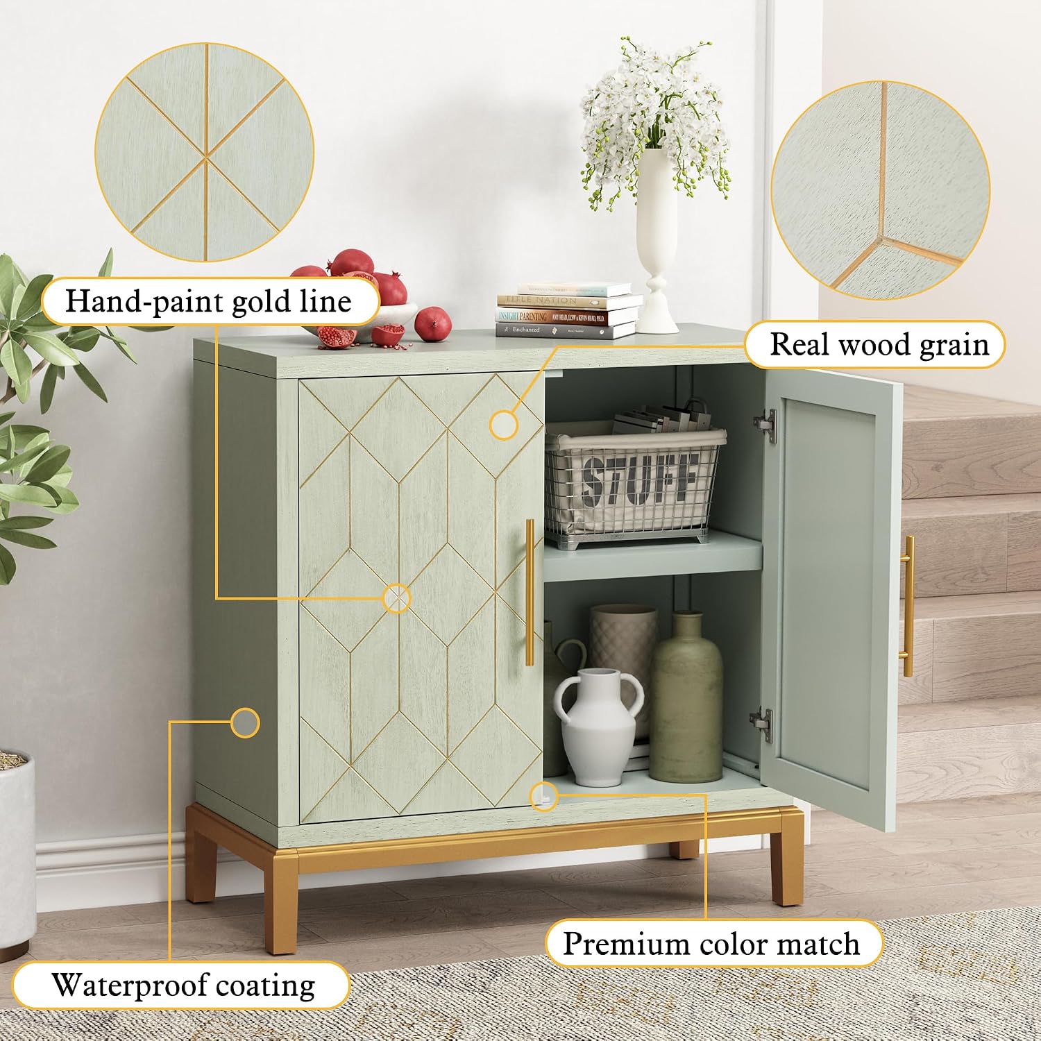 ARTPOWER Green Accent Cabinet with Doors, Modern Wooden Sideboard, Carved Decorative Storage Cabinets for Living Room, Kitchen, Office, and Hallway, Green with Gold Legs
