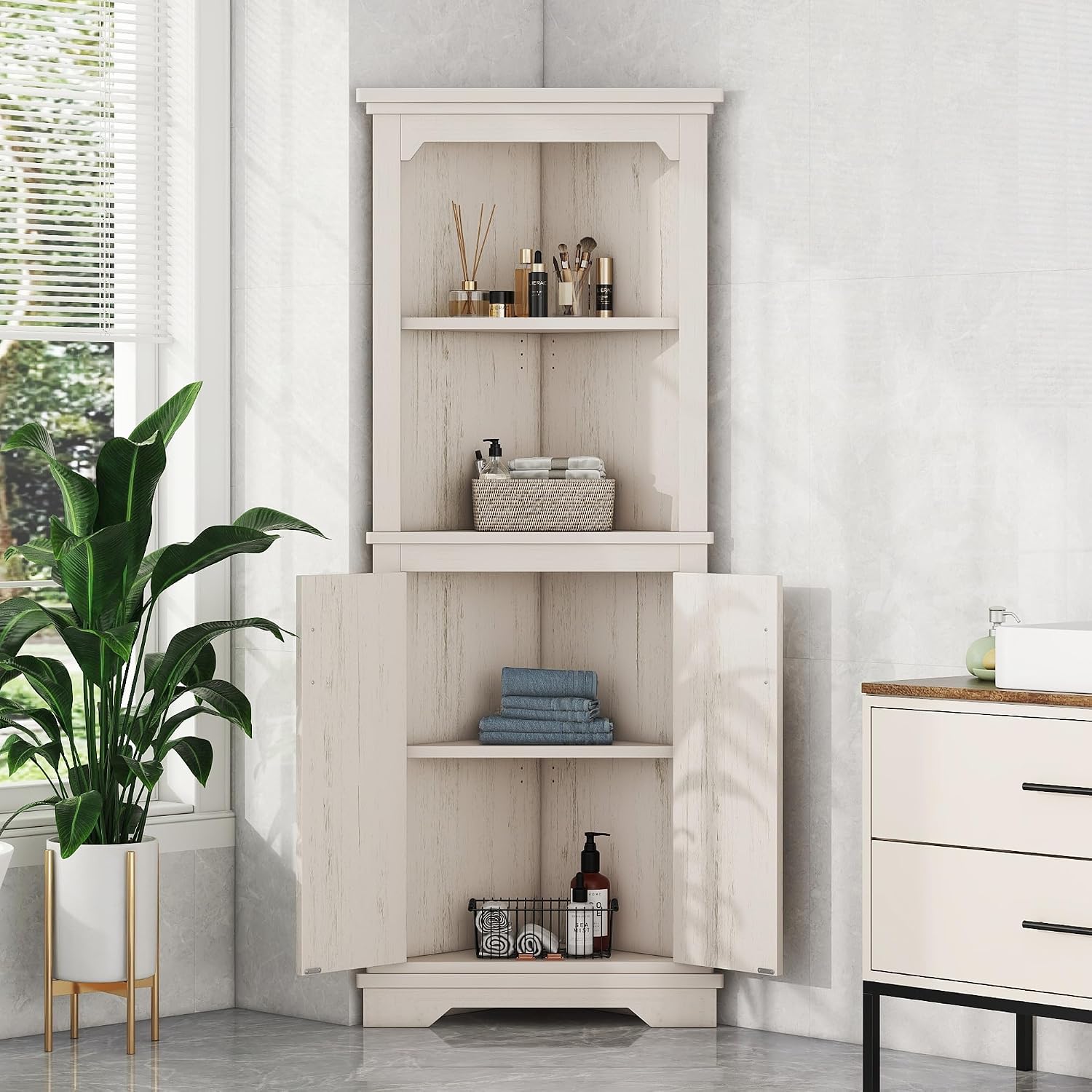 Bellemave Triangle Corner Storage Cabinet, 69.4'' H Tall Bathroom/Kitchen Cabinet with Doors & Shelves, Space-Saving Furniture for Small Spaces (Beige)